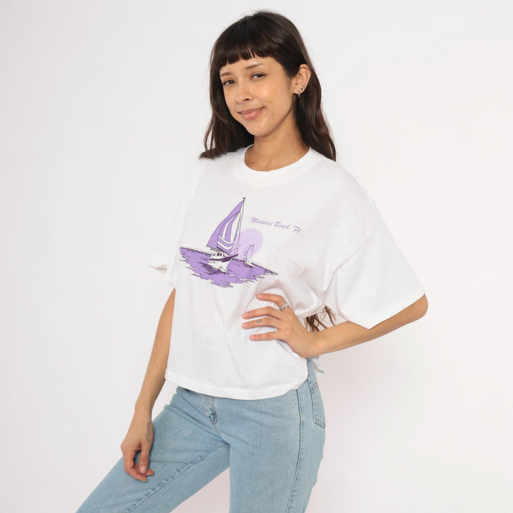 90s Ocean East Sportswear Sailboat Graphic Crop Tee White Purple One Size