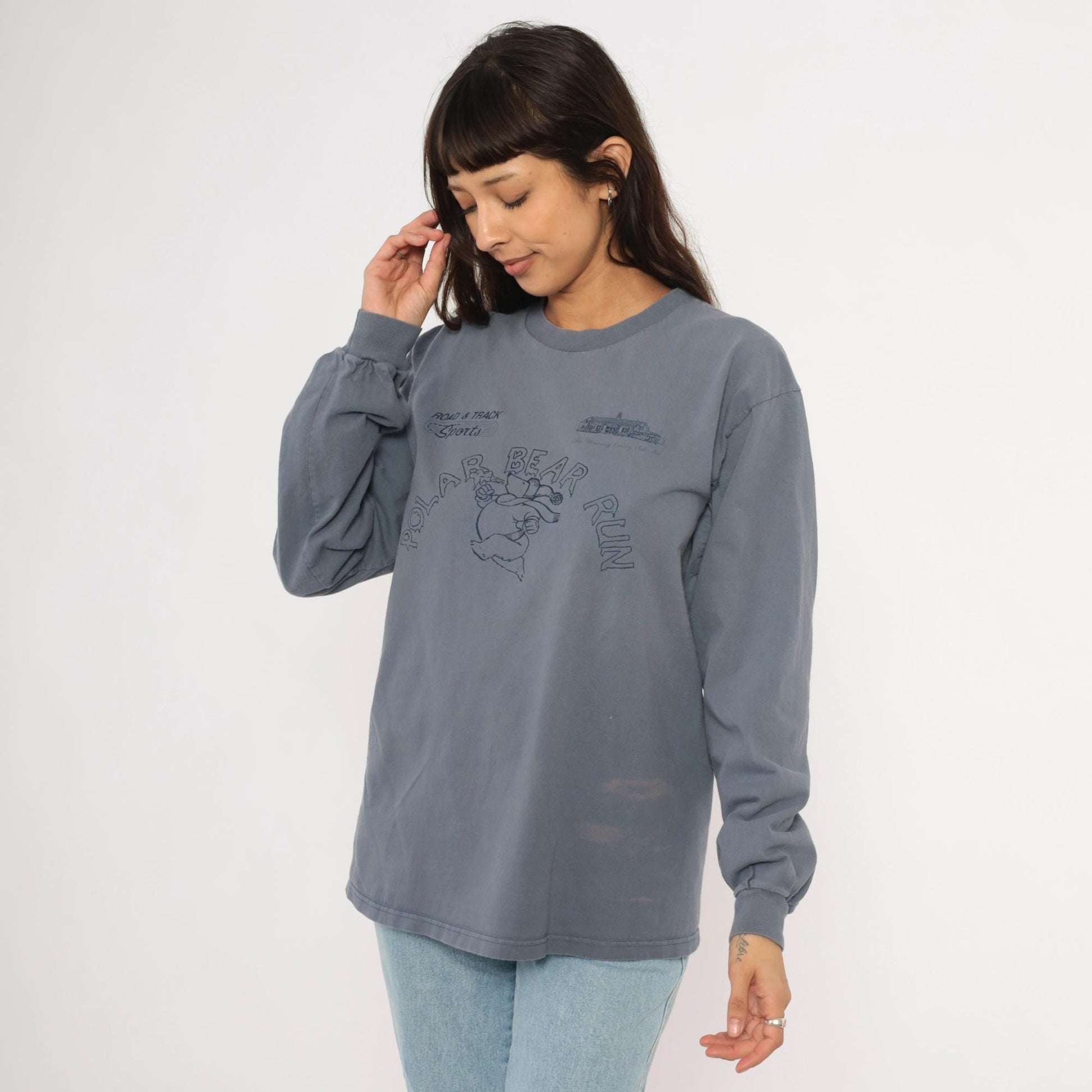 90s Anvil Polar Bear Run Graphic Tee Grey Cotton Long Sleeve Large L