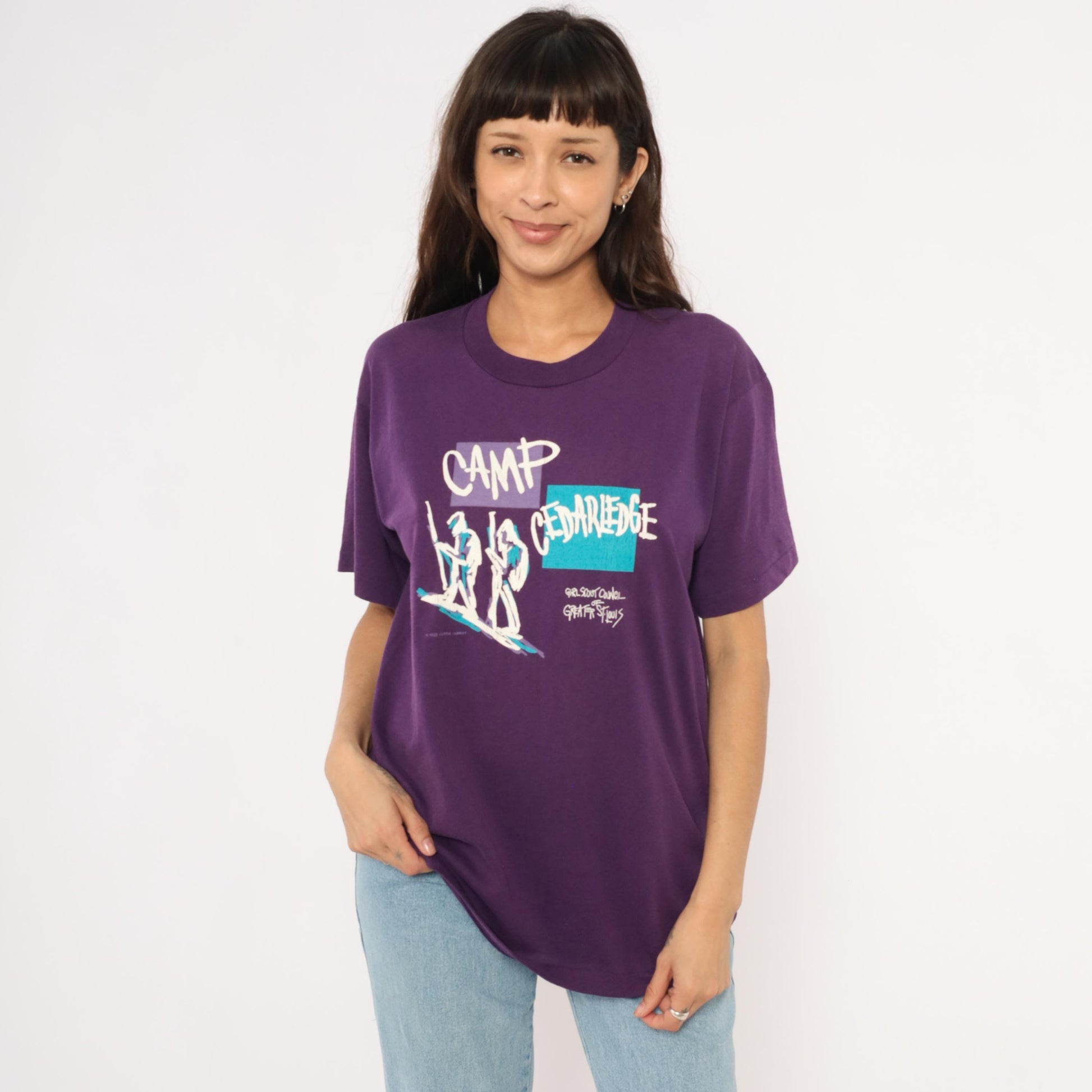 90s Girl Scout Camp Cedarledge Graphic Tee Purple Hiking Print Large L