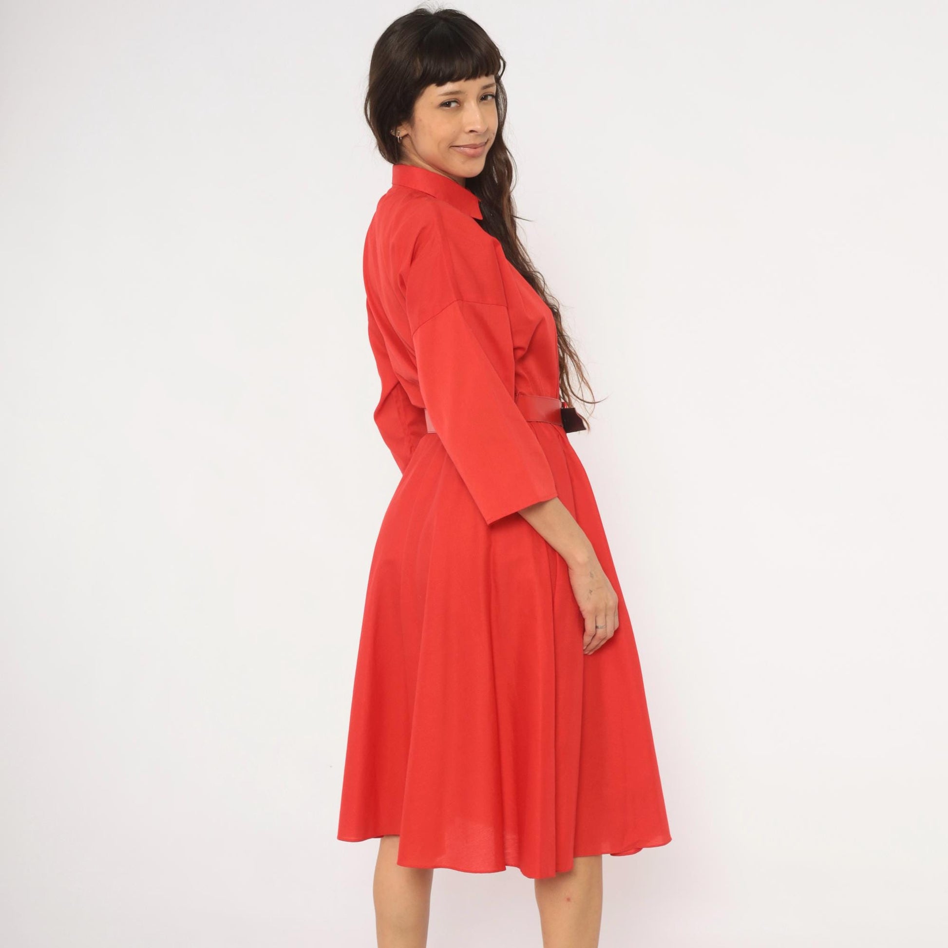 80s The American Shirt Dress Red Midi Button-Front Belted Waist Medium M
