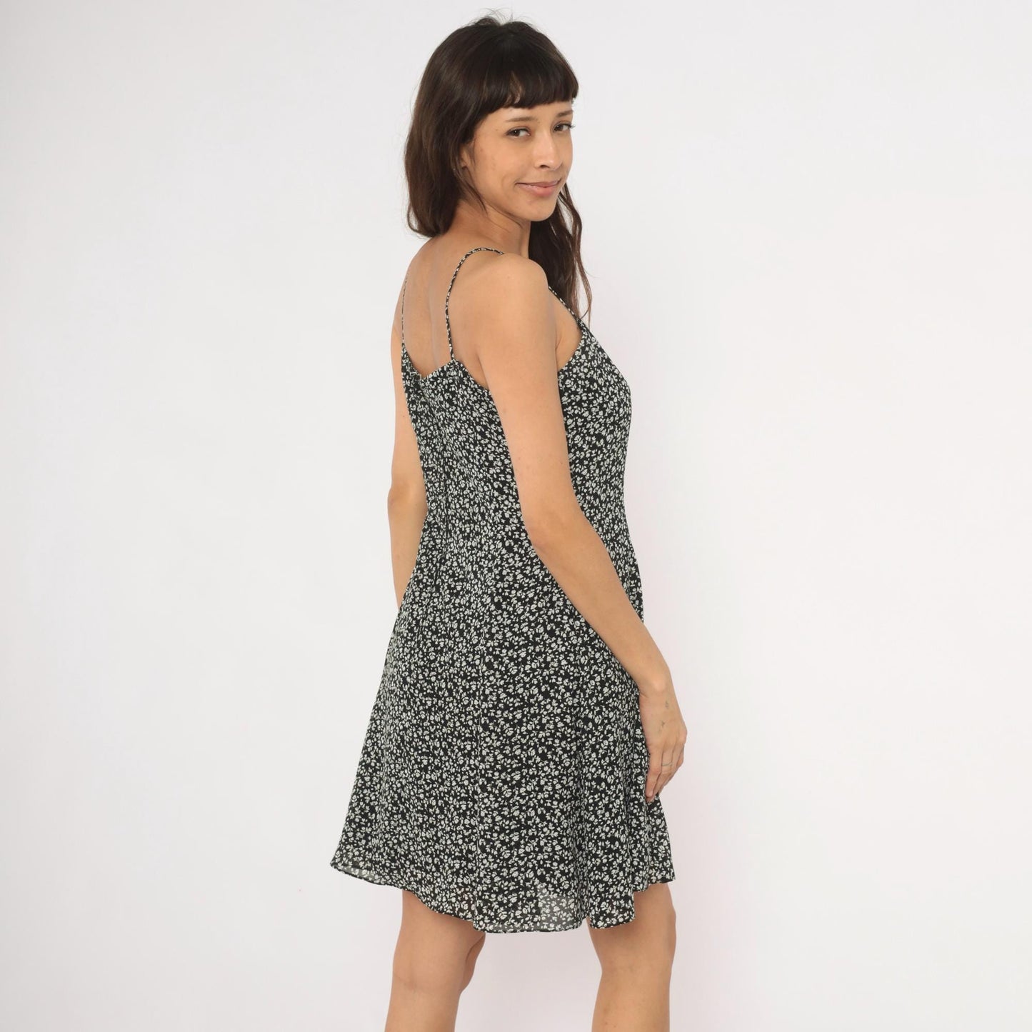 90s Ann Taylor Black White Ditsy Floral Sundress V Neck Spaghetti Strap Knee Length Large L