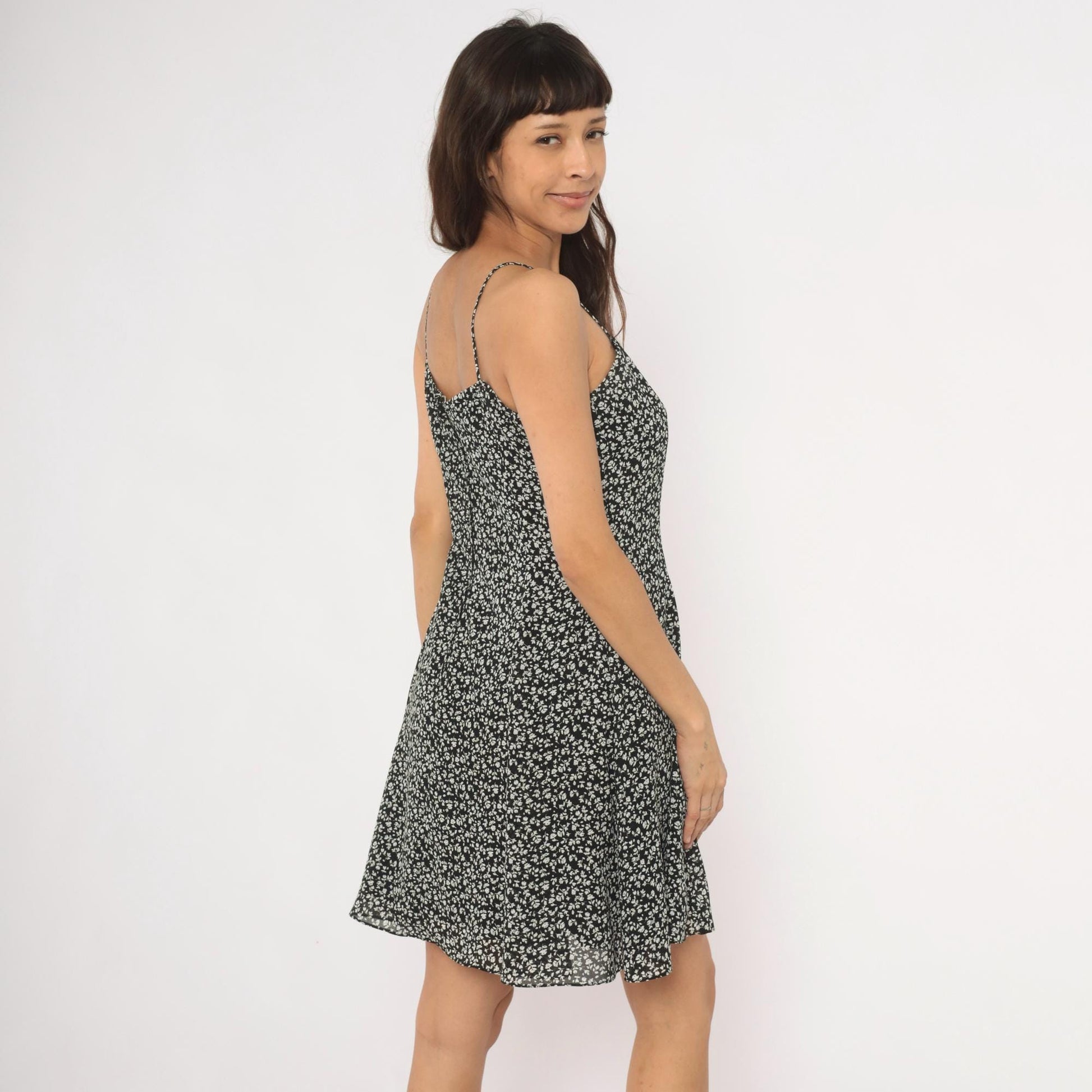 90s Ann Taylor Black White Ditsy Floral Sundress V Neck Spaghetti Strap Knee Length Large L
