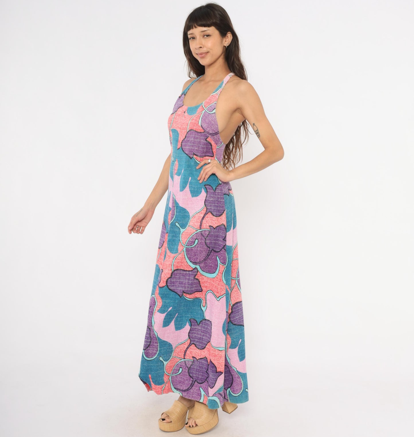 70s Psychedelic Floral Maxi Halter Dress Purple Teal Pink Cotton Small