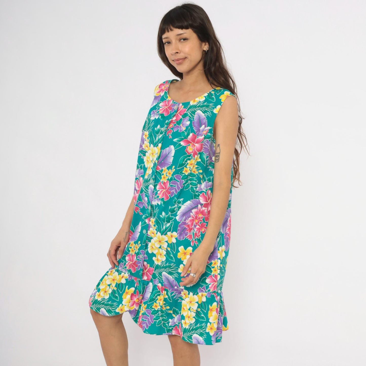 80s Kayla G Tropical Floral Sundress Teal Hawaiian Shift Knee-Length Extra Large XL