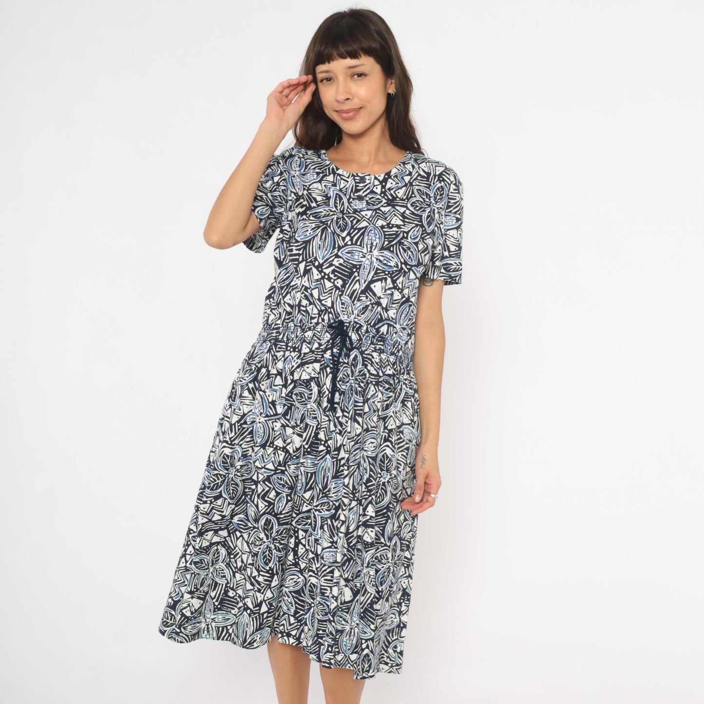 90s Via Sant Andrea Navy Floral Midi Dress Cotton Henley Button Short Sleeve Large L