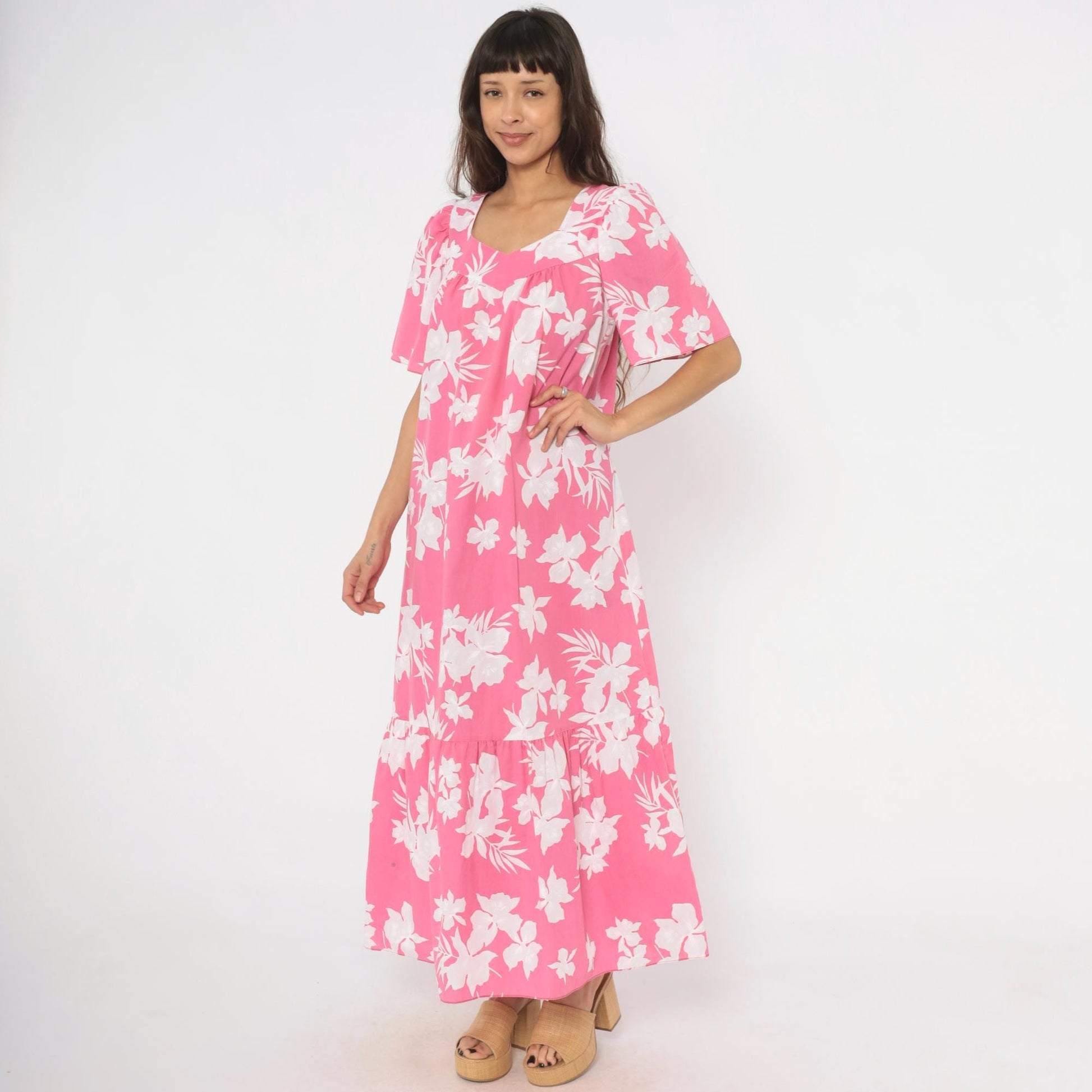 80s Pink Floral Maxi Dress Tropical Hibiscus Puff Sleeve Sweetheart Medium M