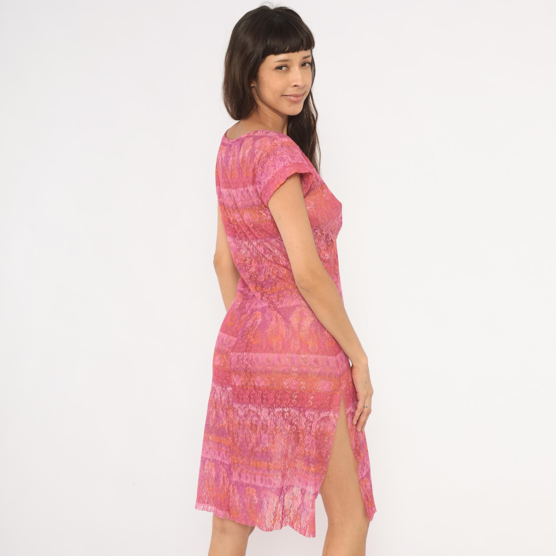 2000s Pink Ombre Floral Lace Dress V-Neck Wrap Bodice Knee Length Extra Large