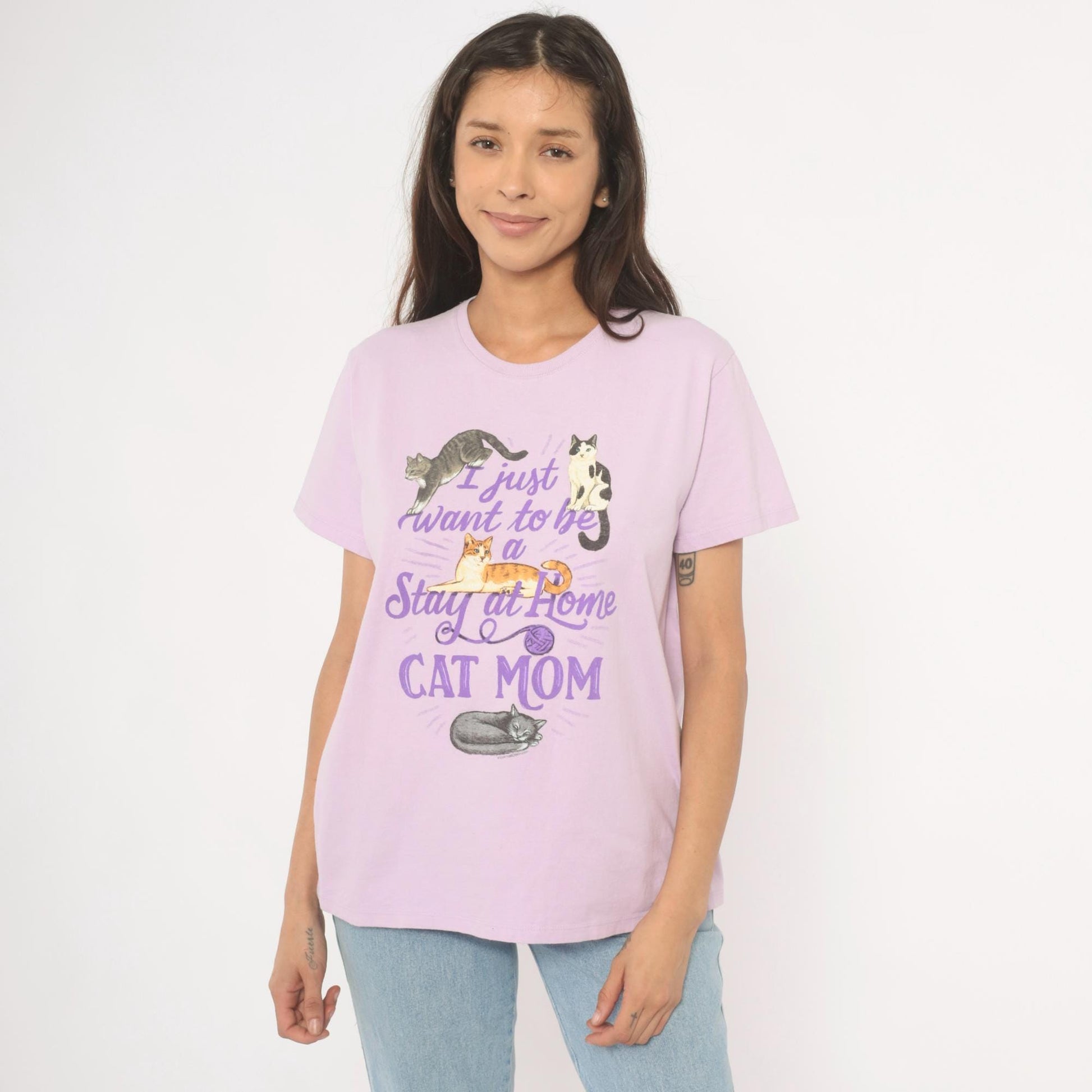 00s Port & Company Stay At Home Cat Mom Graphic Tee Lavender Large L