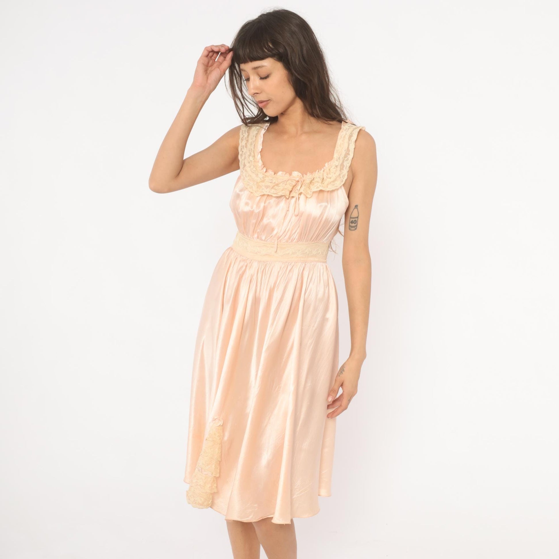 1940s Blush Pink Silk Satin Nightgown Lace Trim Ribbon Tie Small S