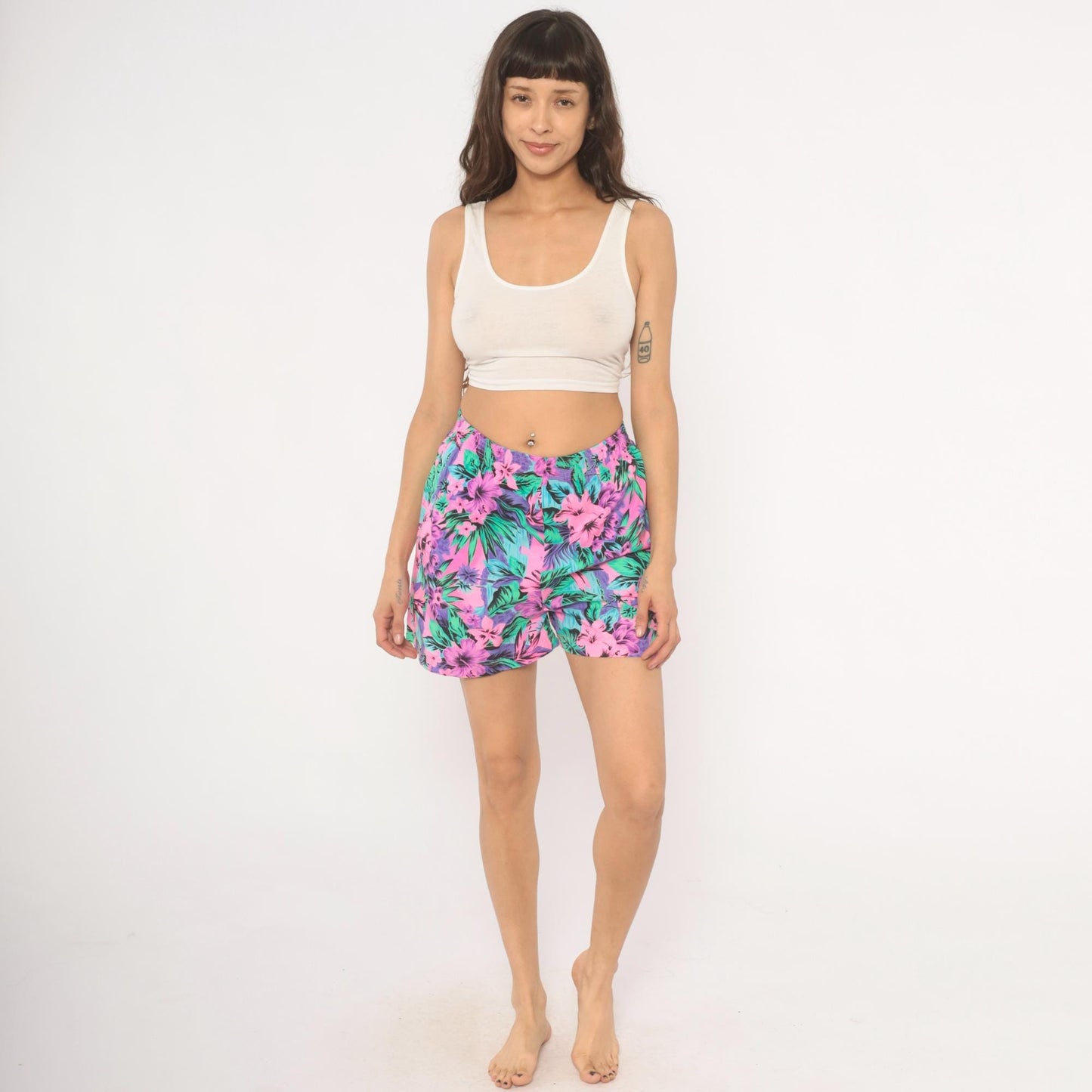 90s Op Neon Tropical Floral Shorts Pink Purple Green Hibiscus Medium M