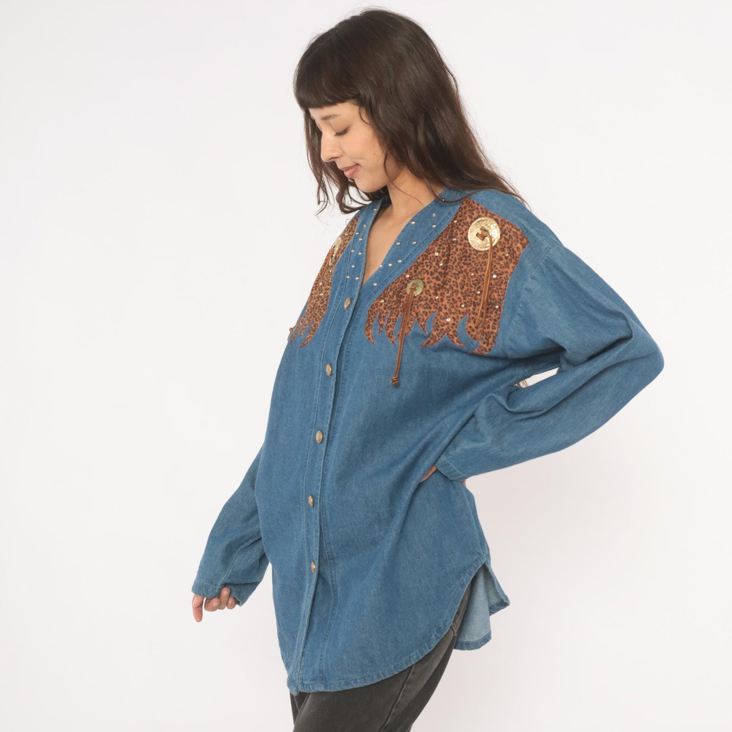 80s Western Leopard Denim Shirt Cotton Studded V-Neck Concho Fringe Large L