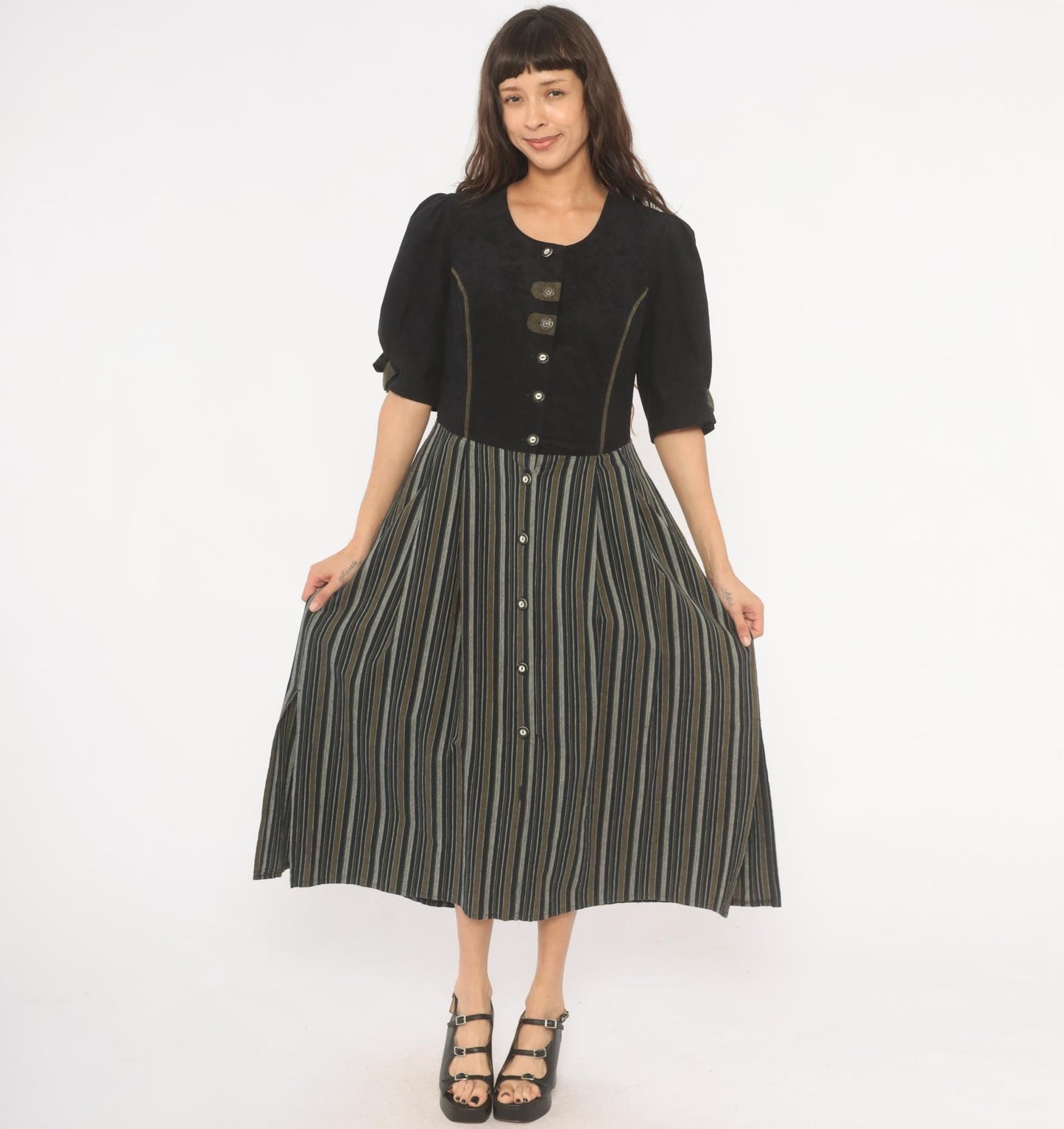 90s Folk Line Dirndl Dress Black Olive Striped Midi Puff Sleeve Extra Large