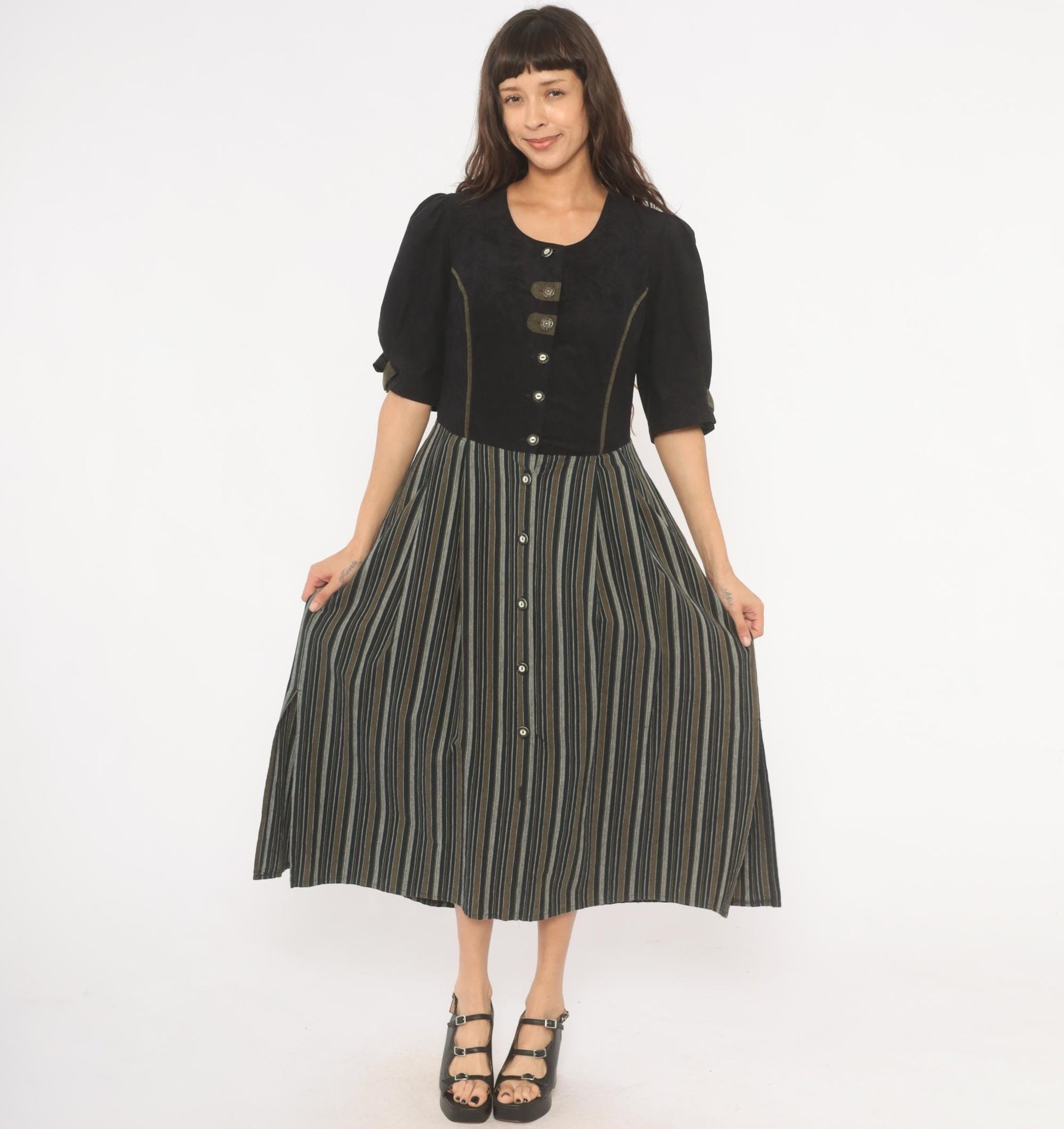 90s Folk Line Dirndl Dress Black Olive Striped Midi Puff Sleeve Extra Large
