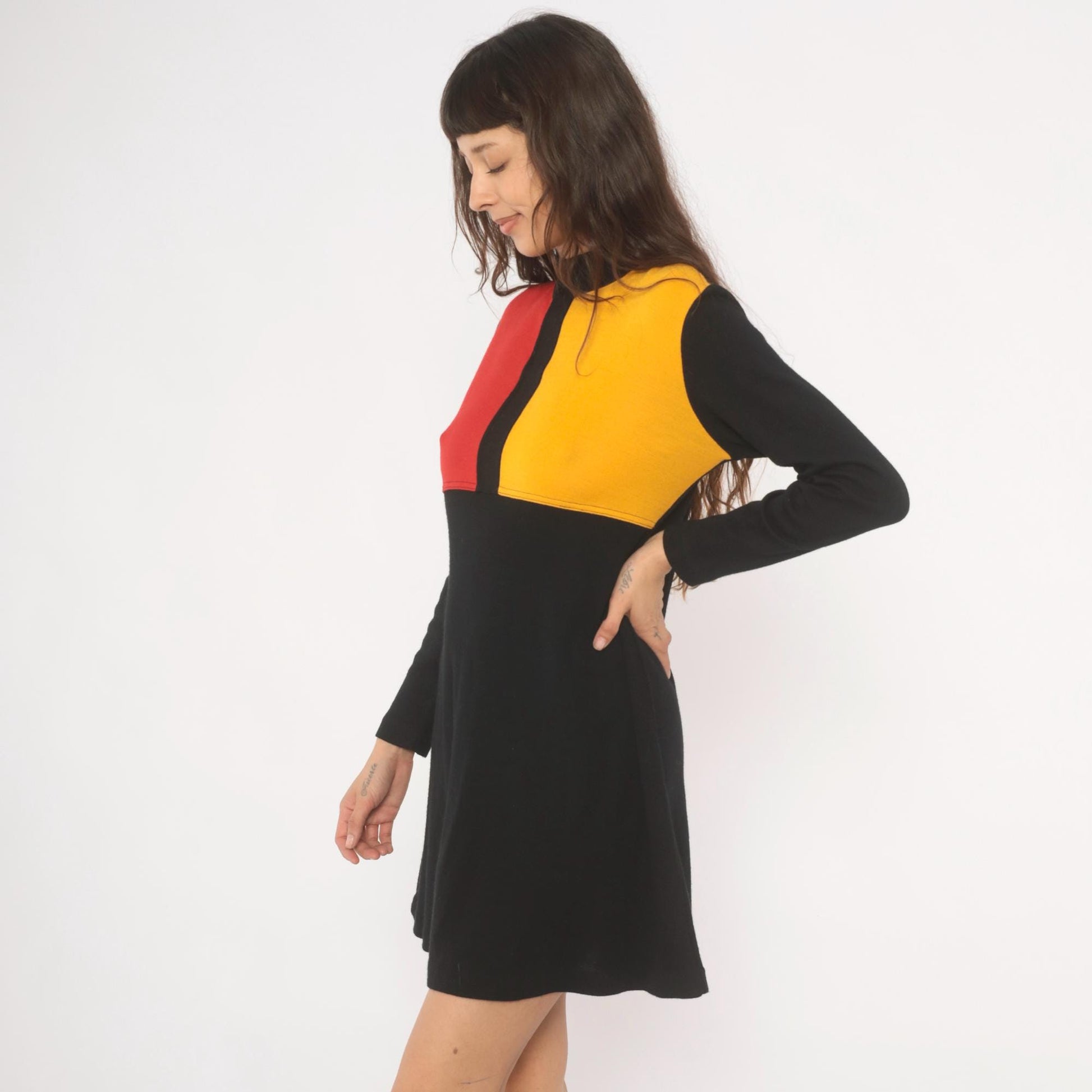 80s Karin Stevens Color Block Mini Dress Red Mustard Mock Neck Medium