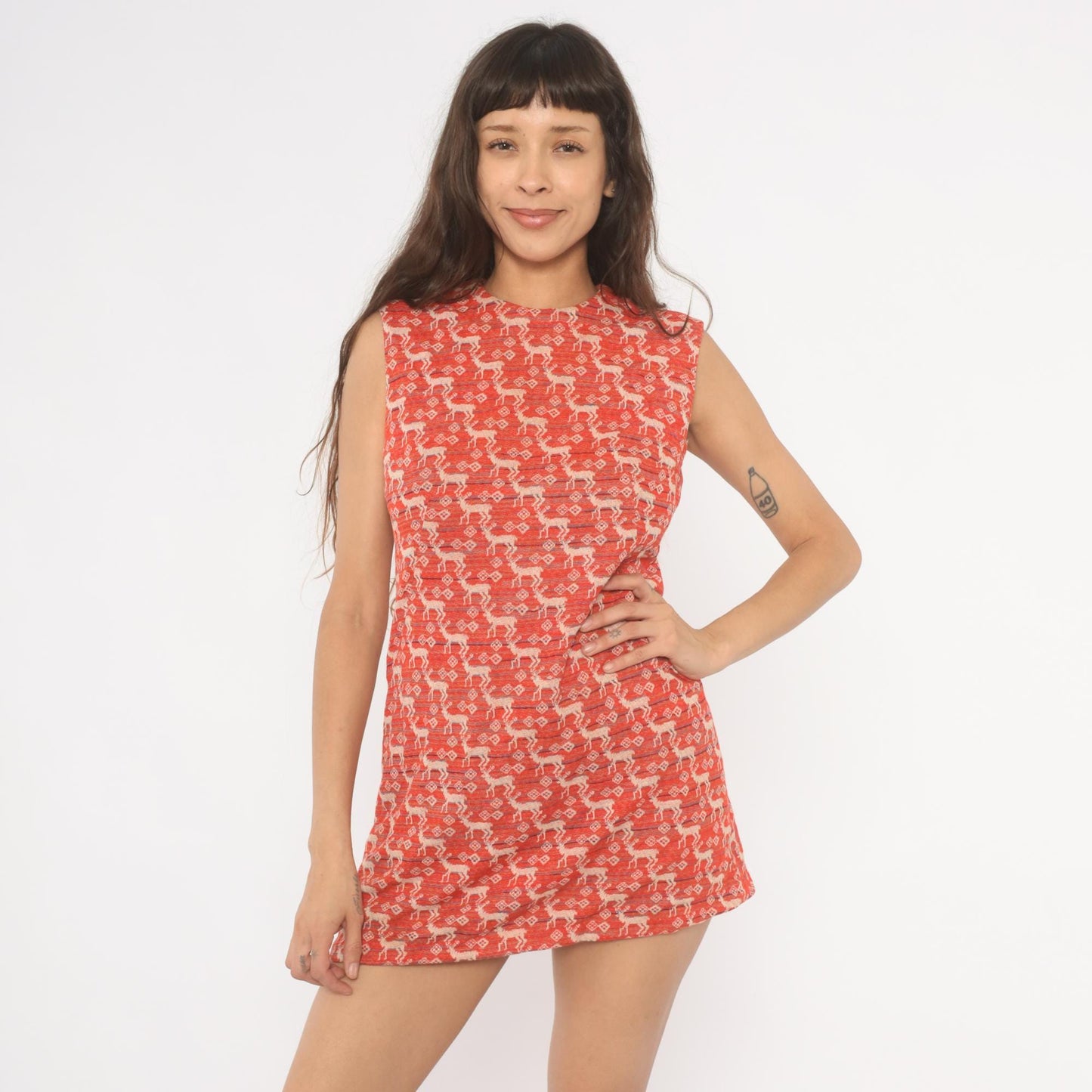 70s Deer Jacquard Mini Dress Red Cream Shift Knit Small S