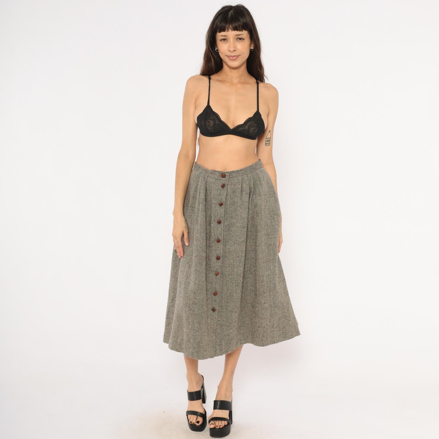80s David Brooks Wool Herringbone Midi Skirt Grey Tan Pleated Medium L