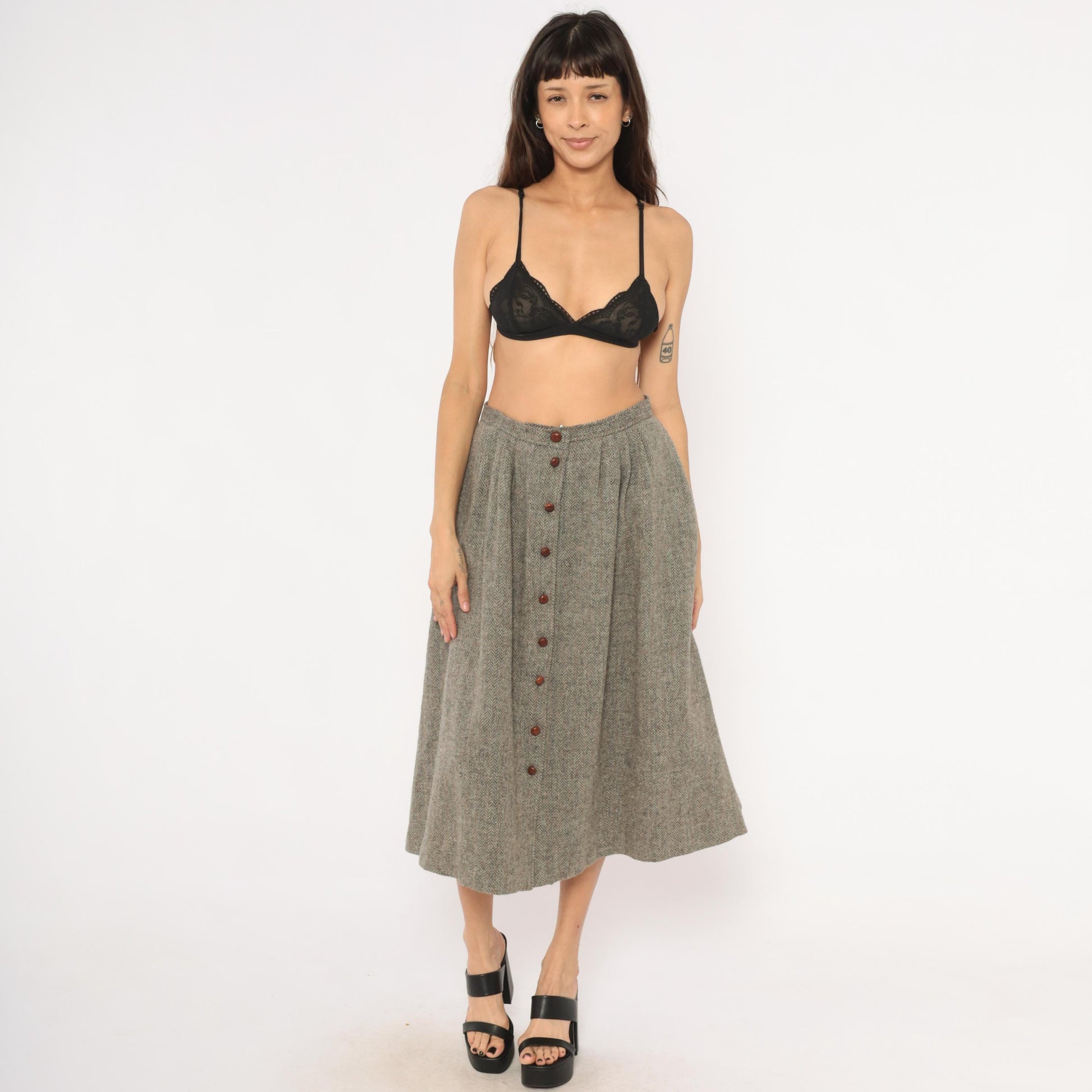 80s David Brooks Wool Herringbone Midi Skirt Grey Tan Pleated Medium L