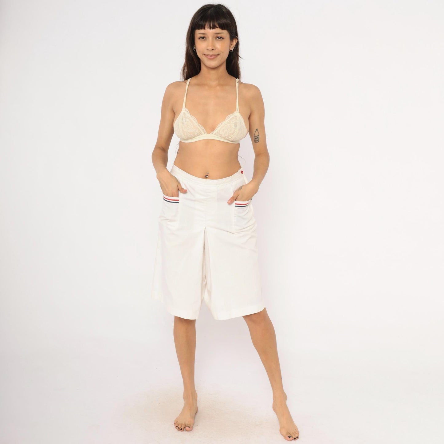 70s White Pleated Culottes Red Navy Stripe Trim Cotton Preppy Medium M