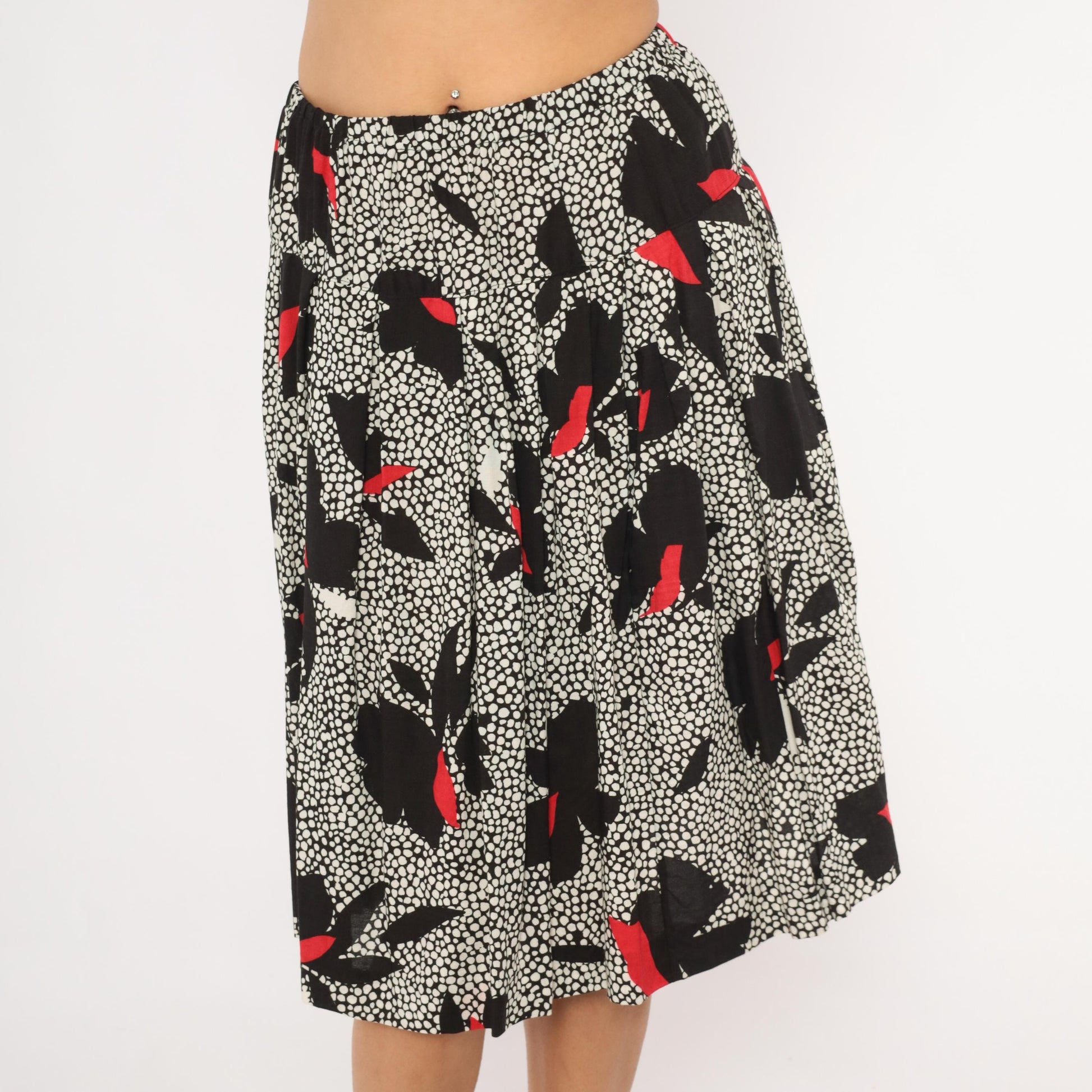 90s Jon Woods Midi Skirt Black White Floral Red Abstract Dotted Medium M