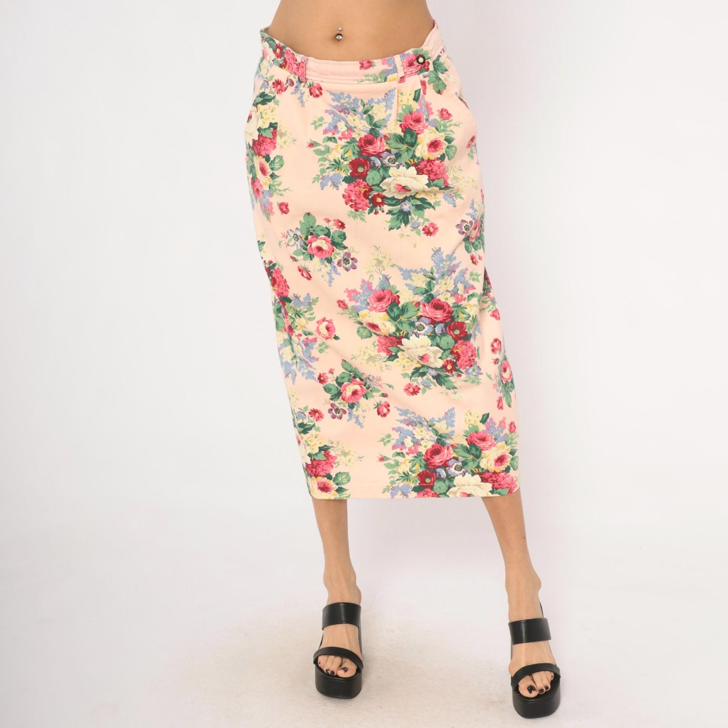 90s On The Verge Floral Midi Pencil Skirt Pink Cotton Large L