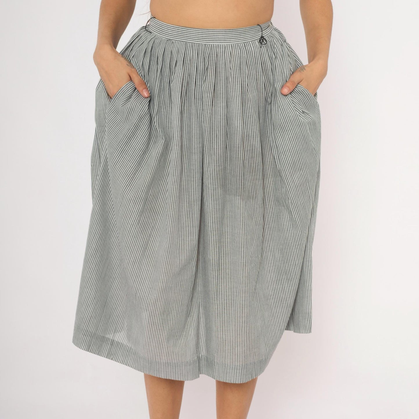 80s NR1 Grey Pinstripe Gathered Skirt Cotton Pleated High-Waisted Extra Small
