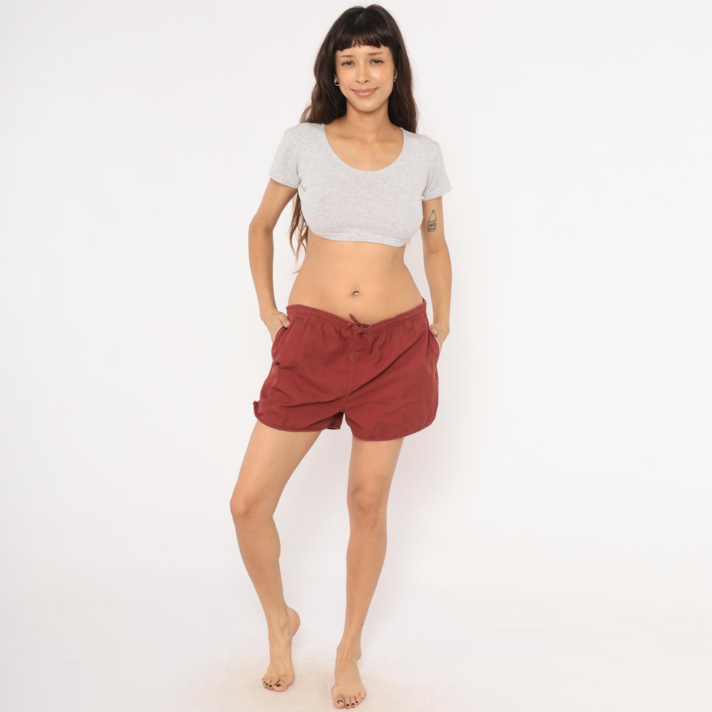 80s Repage Burgundy Swim Trunks Drawstring Waist Cotton Contrast Piping Large L