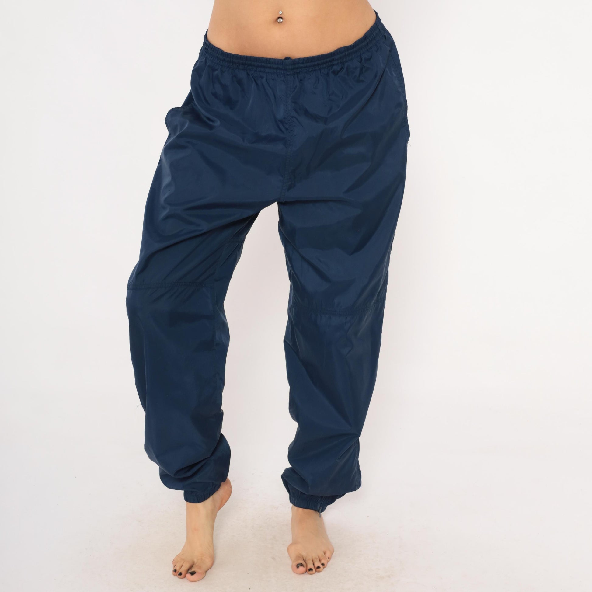 90s Nike Navy Nylon Track Pants Tapered Joggers Drawstring Large L