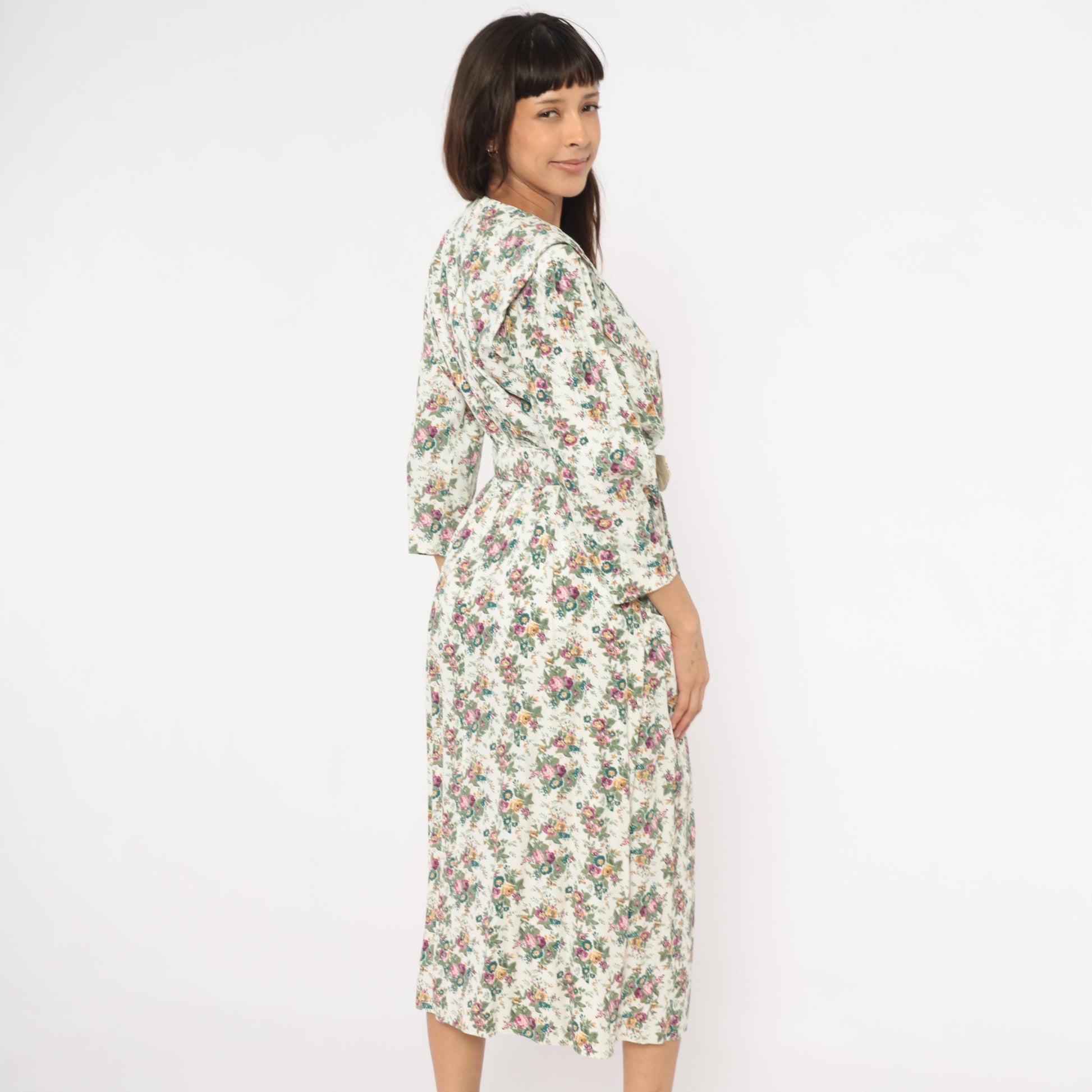 90s SL Fashions Floral Midi Dress Lace Collar V Neck Belted Gold Buckle Medium M