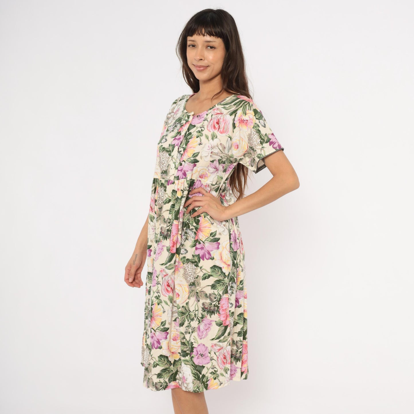 90s Day In Day Out Floral Midi Dress Cream Pink Garden Print Cotton Medium M