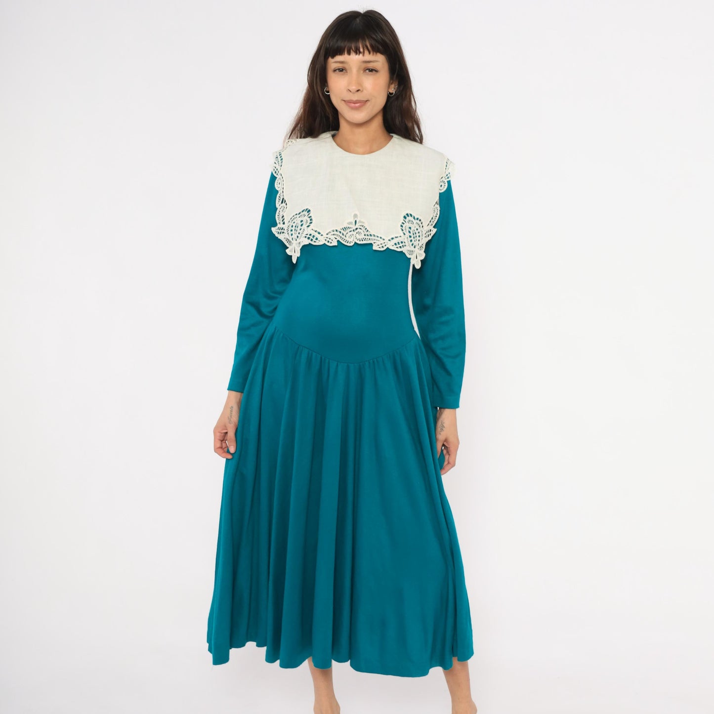 80s Expo Teal Midi Dress Cream Scalloped Lace Collar Small Medium
