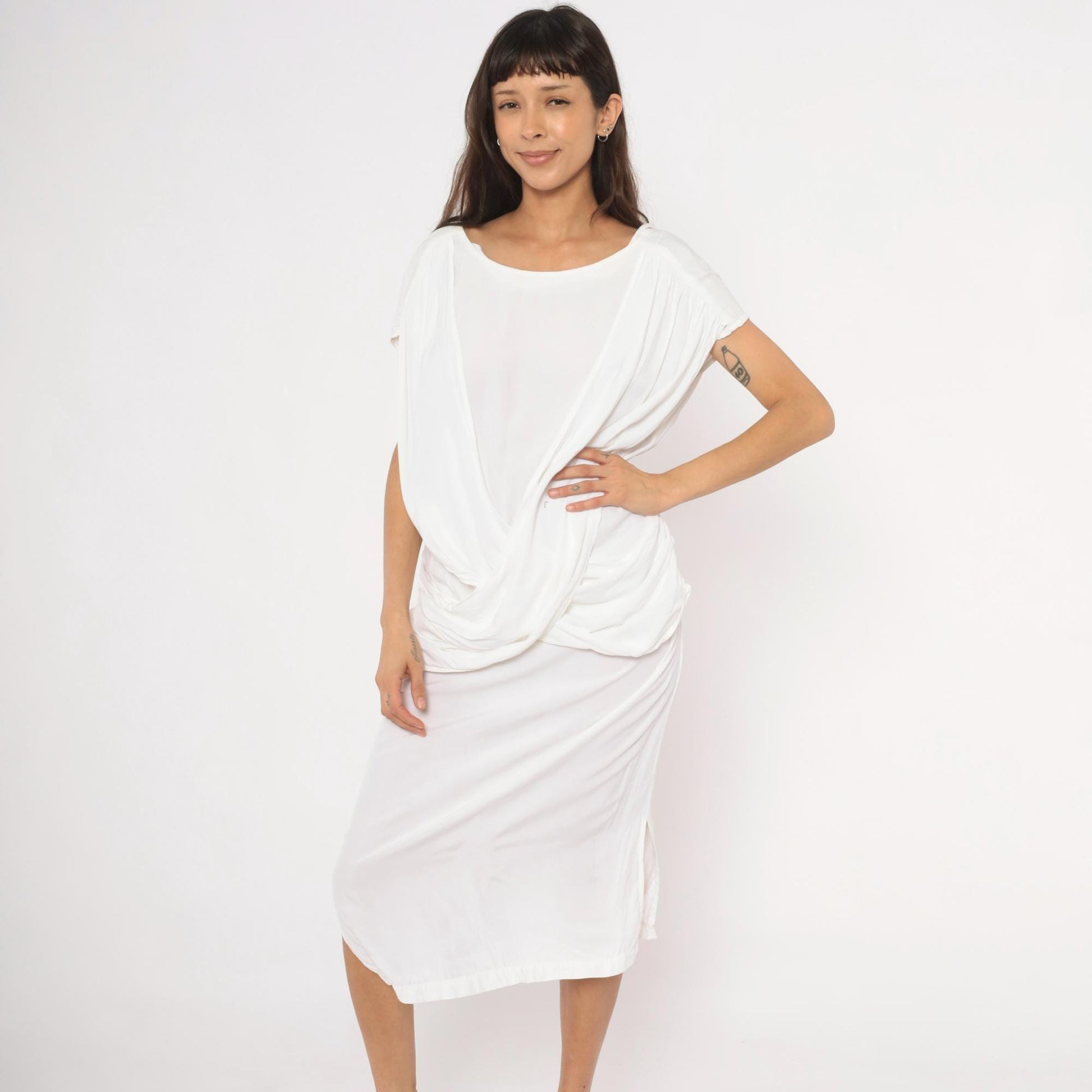 80s Police File White Grecian Midi Dress Cowl Drape Low Back Large L