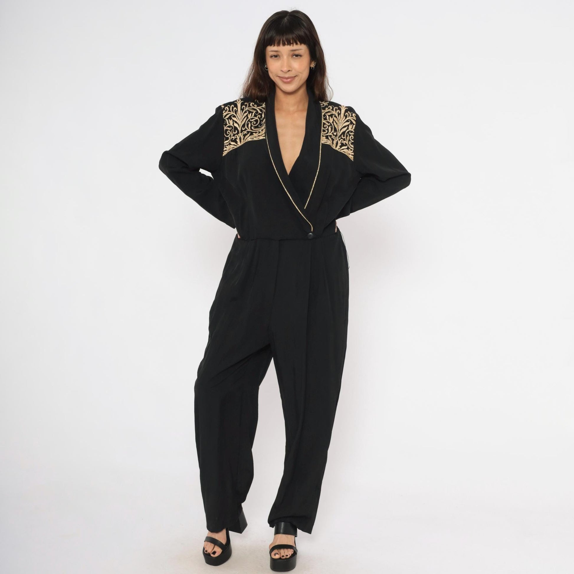 80s John Roberts Black Jumpsuit Gold Embroidered Shawl Collar Wide Leg Large L