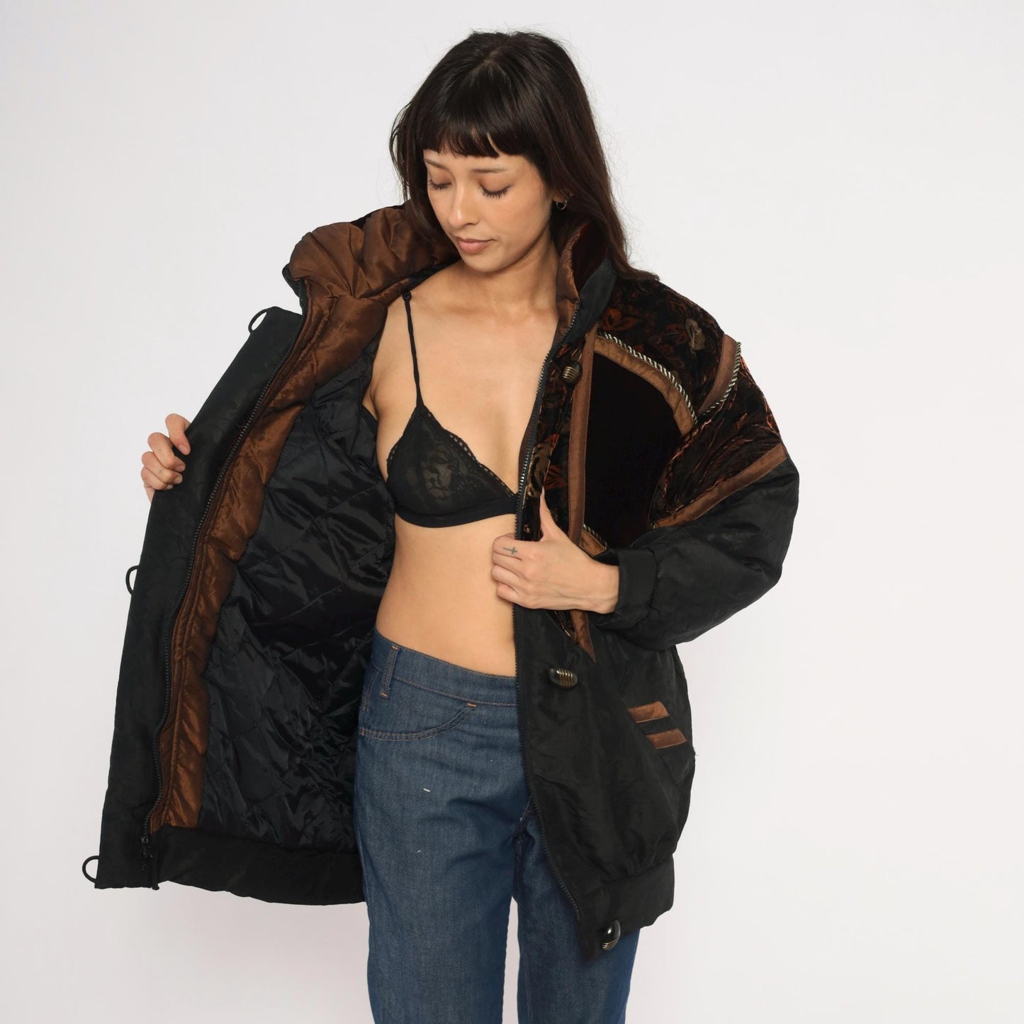 90s Frozen Dreams Velvet Patchwork Puffer Jacket Black Burgundy Extra Small