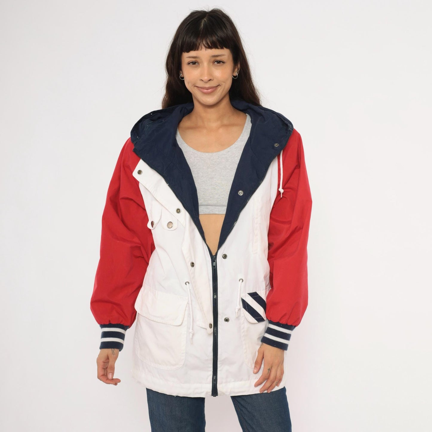 90s Mulberry Street Colorblock Windbreaker Hooded Snap Jacket White Red Navy Medium M