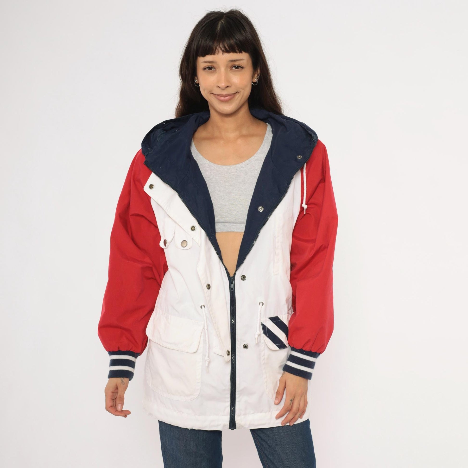 90s Mulberry Street Colorblock Windbreaker Hooded Snap Jacket White Red Navy Medium M