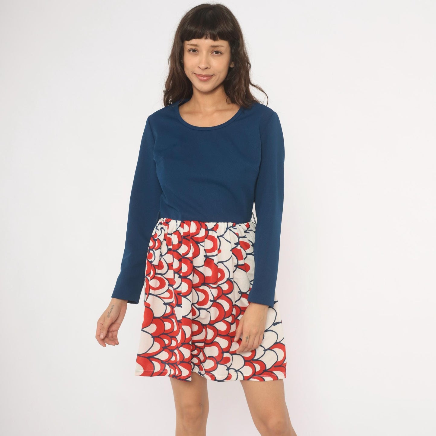 70s Mod Colorblock Dress Navy Scallop Print Long Sleeve Knee Length Medium M