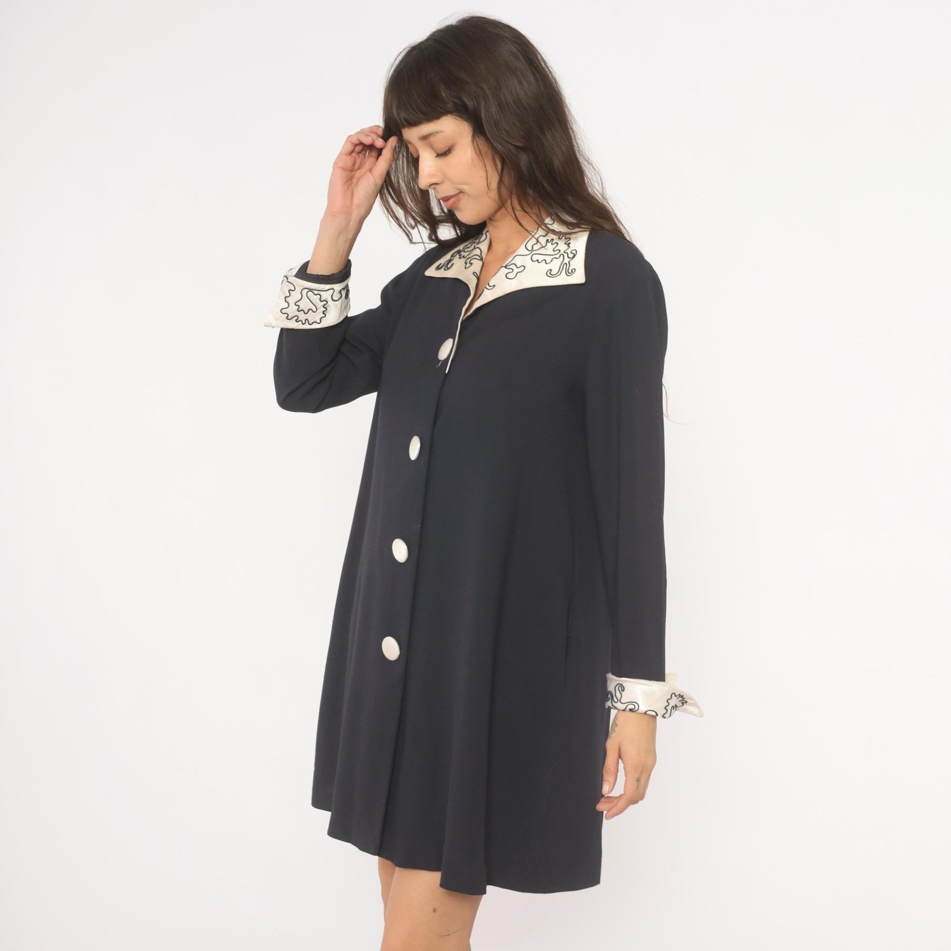 90s Navy Coat Dress Embroidered Ivory Collar White Dome Buttons Medium M
