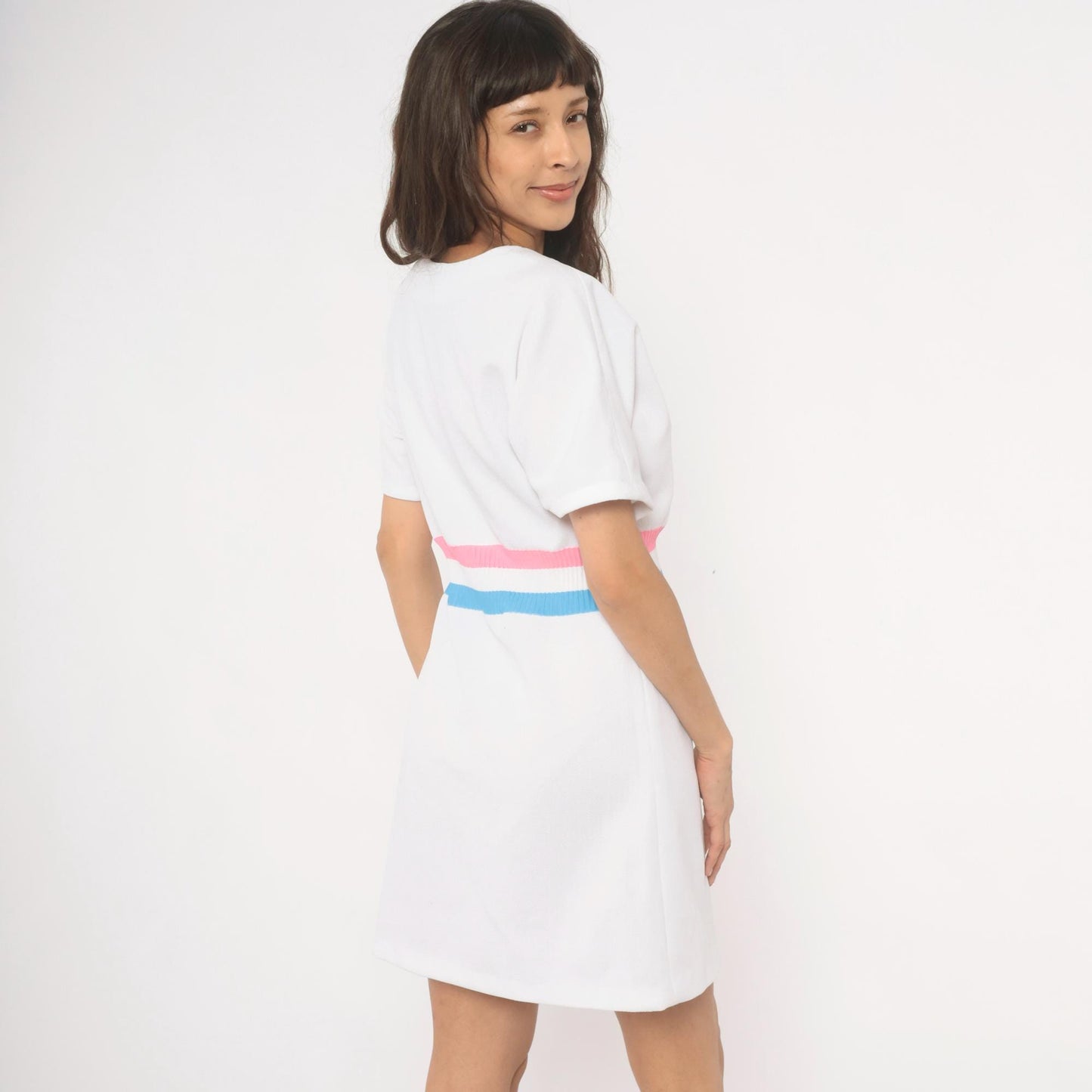 70s White Striped Ribbed Knit Pullover Dress Pink Blue A-Line Knee Length Large L