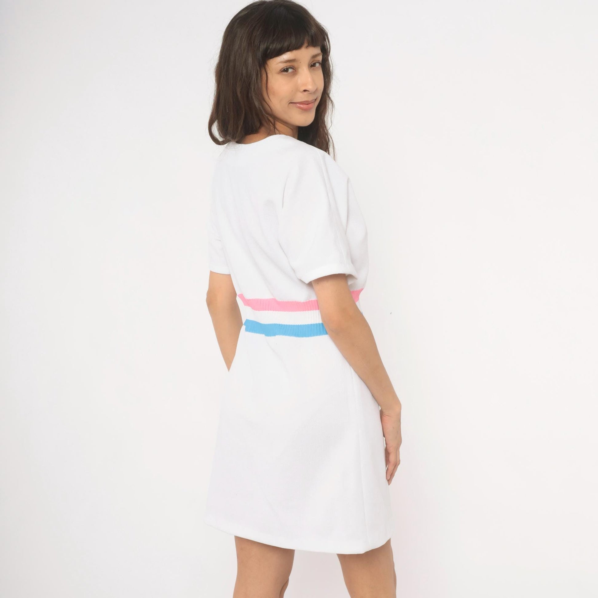 70s White Striped Ribbed Knit Pullover Dress Pink Blue A-Line Knee Length Large L