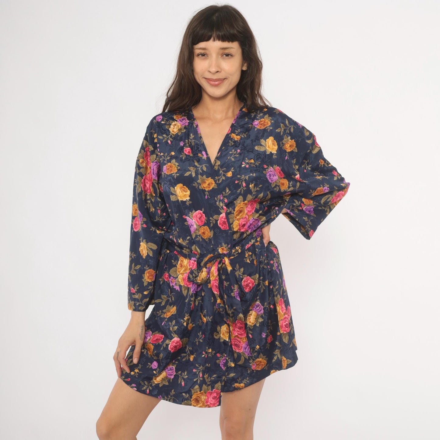 90s M.T. Morgan Taylor Navy Floral Kimono Robe Mini Wrap Tie Front Medium Large