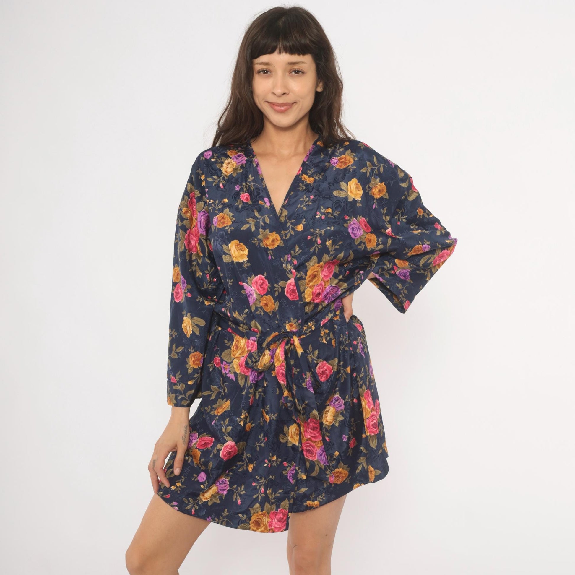 90s M.T. Morgan Taylor Navy Floral Kimono Robe Mini Wrap Tie Front Medium Large