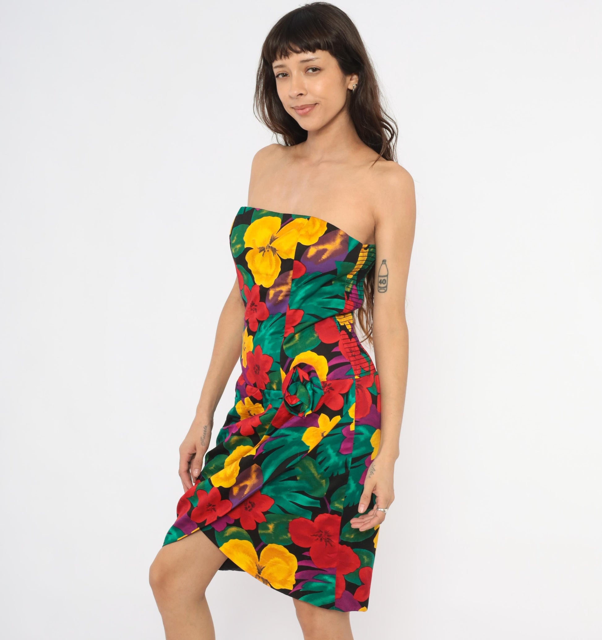 90s Positively Ellyn Tropical Floral Strapless Dress Knee-Length Wrap Skirt Large