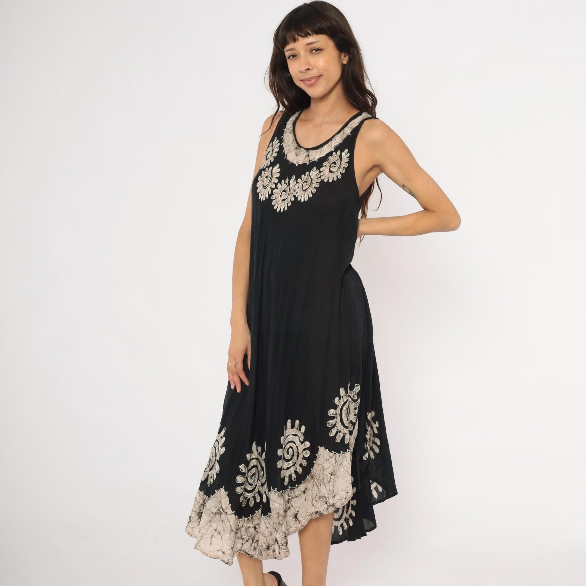 90s Black Batik Maxi Dress Cream Spiral Embroidered Trapeze Tank Medium
