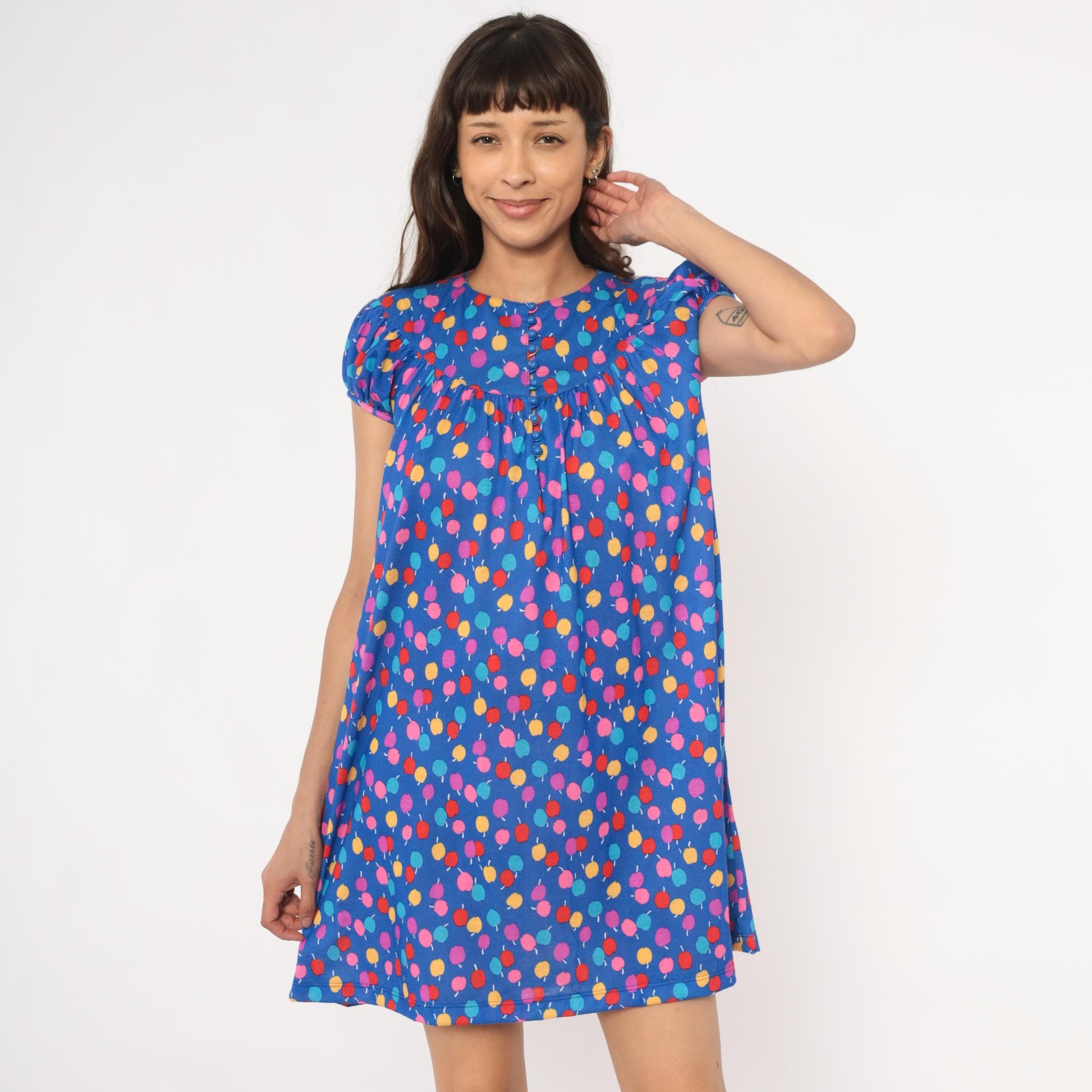 80s Lanz Originals Apple Print Babydoll Dress Blue Puff Sleeve Mini Small S