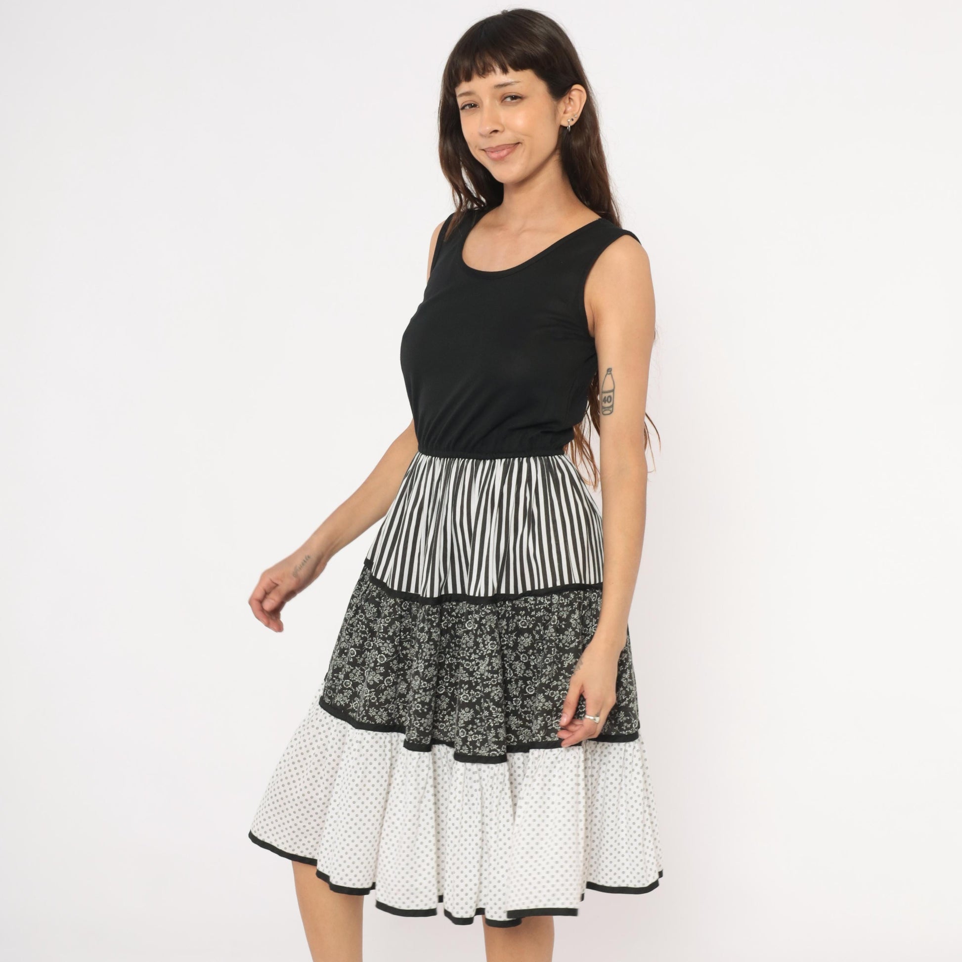 80s Mixed Print Tiered Sundress Black White Floral Striped Polka Dot Medium