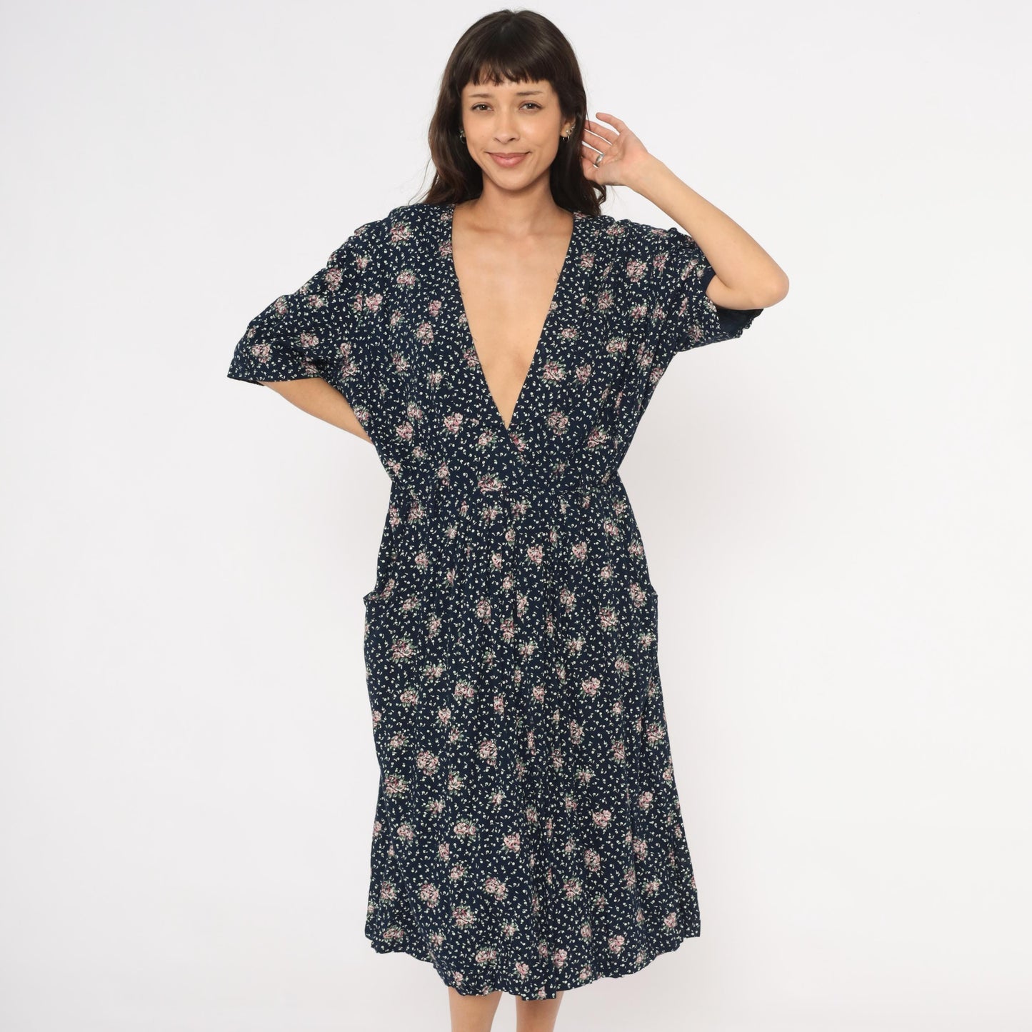 90s Navy Floral Midi Dress Pink Rose Print Deep V Neck Short Sleeve XL