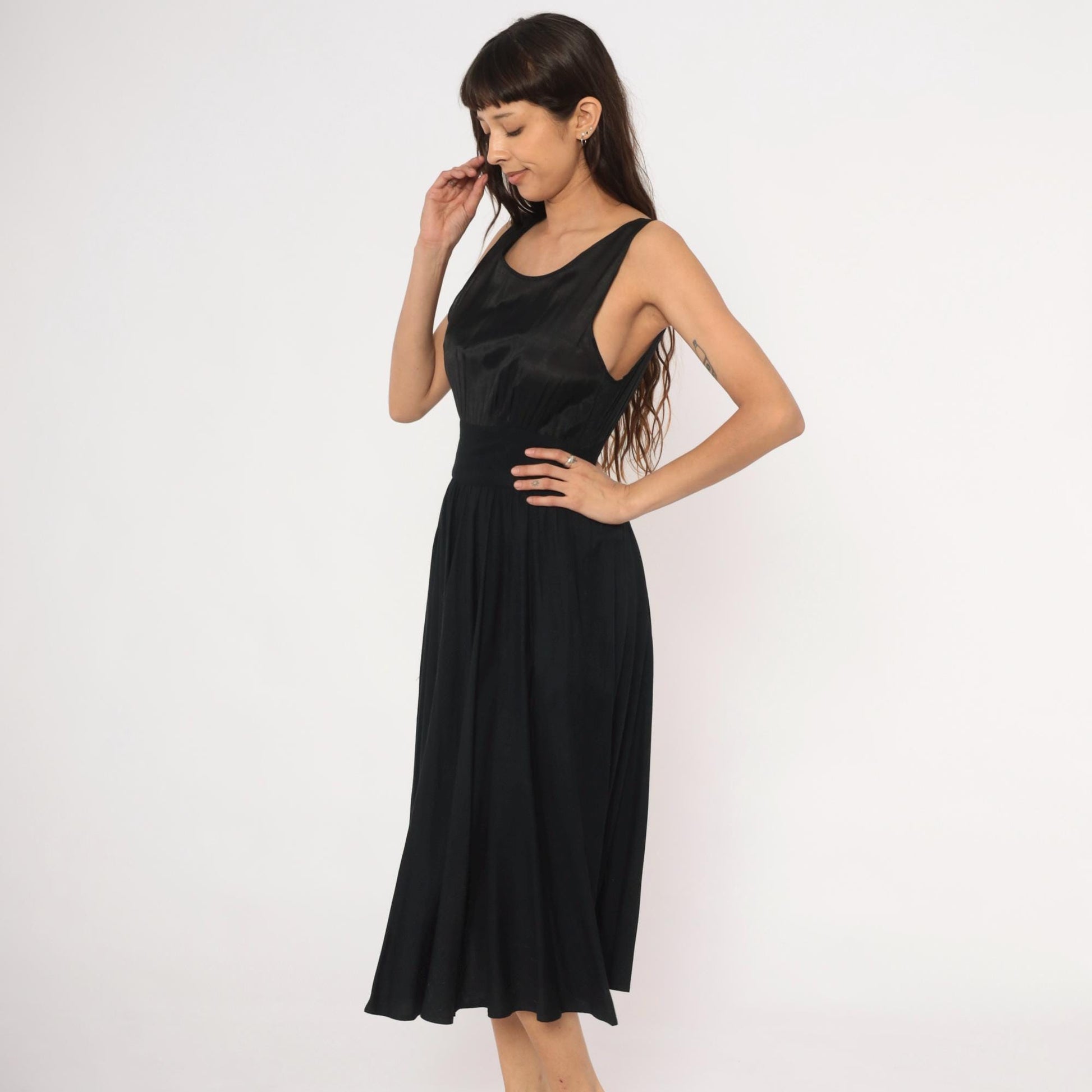 90s Black Satin Bodice Midi Dress Sleeveless Scoop Neck Flared Skirt Small