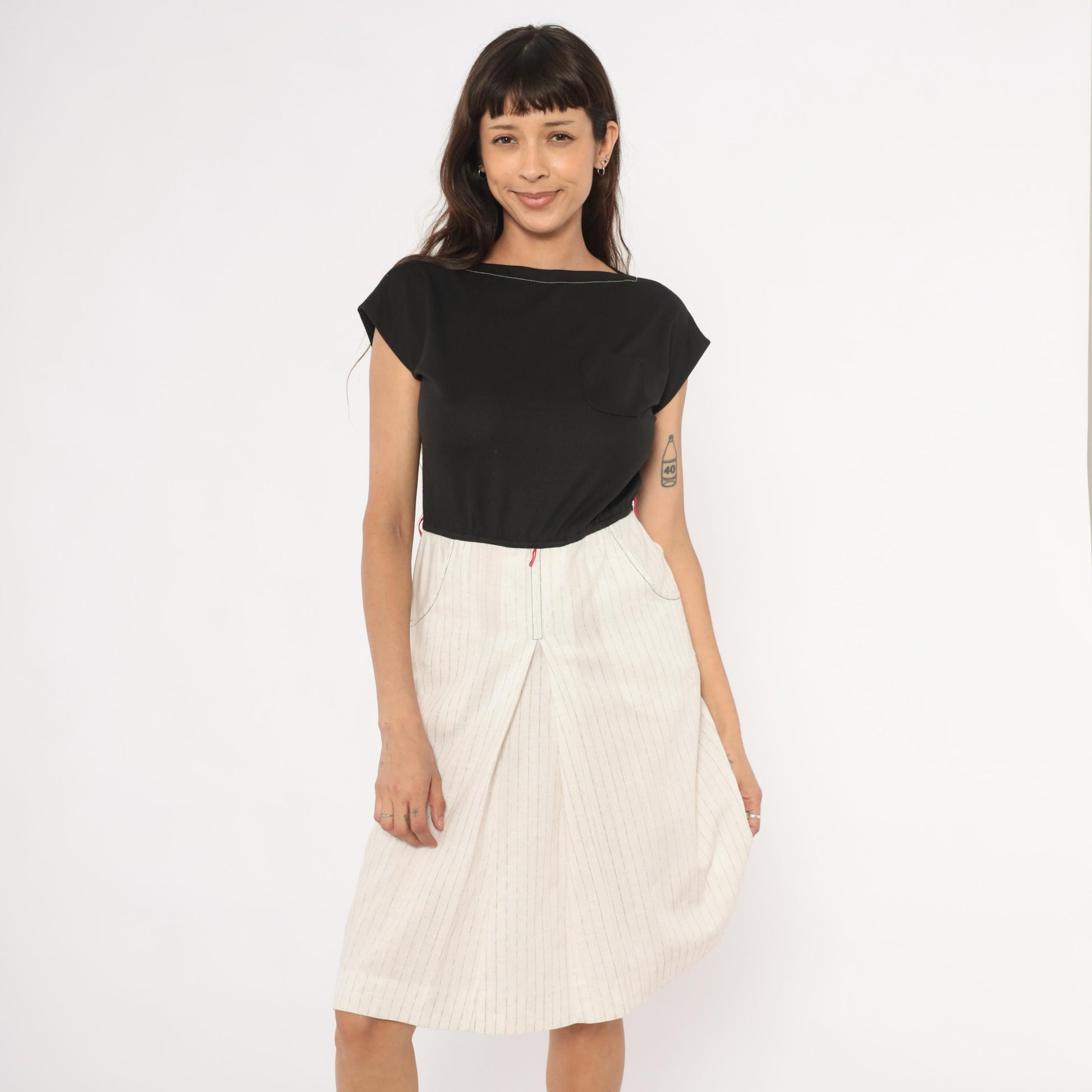 80s Melissa Petites Pinstripe Linen Knee-Length Skirt Cream Small S