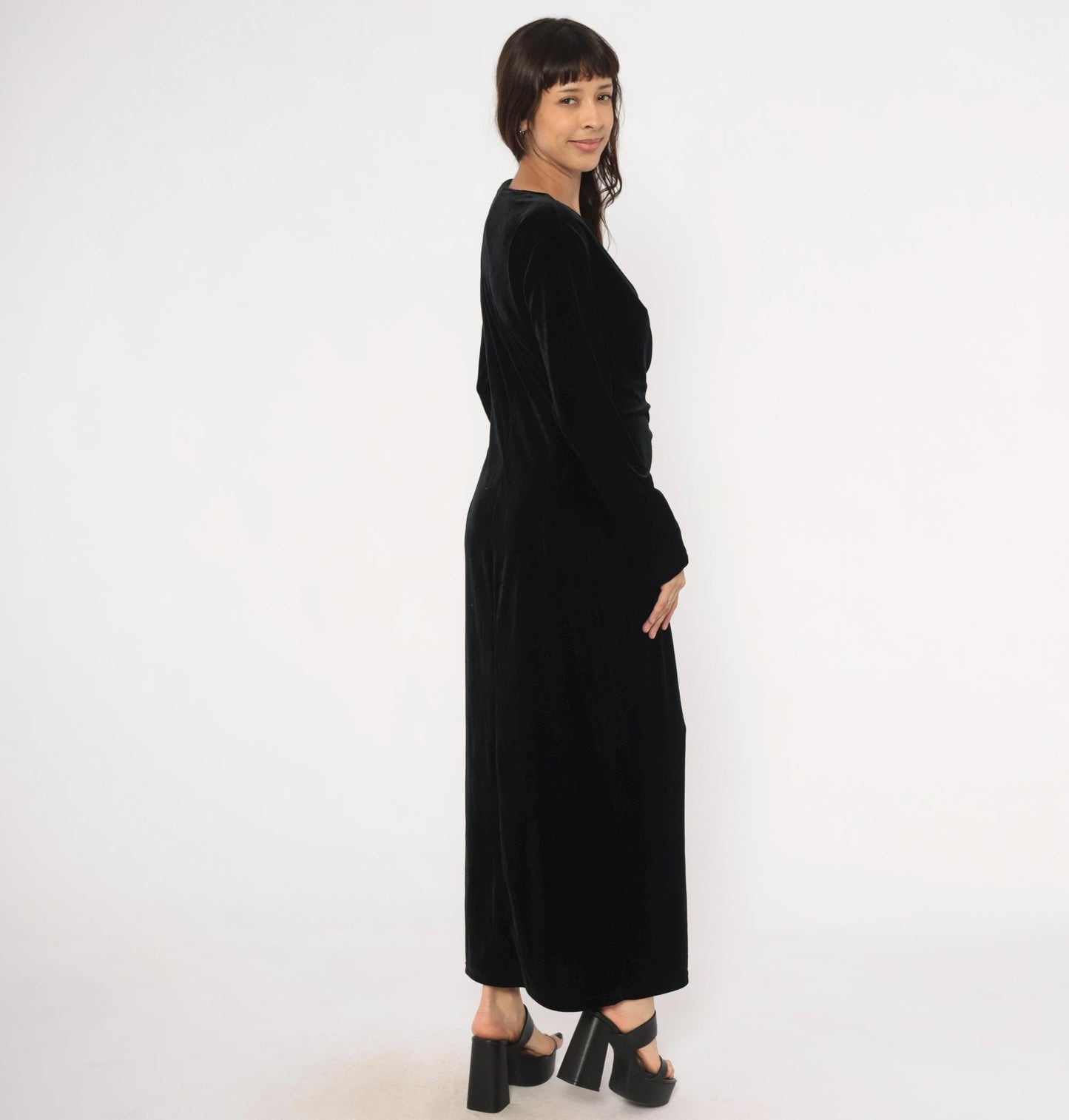 90s Robbie Bee Black Velvet Maxi Dress Surplice Neckline Long Sleeve Large L