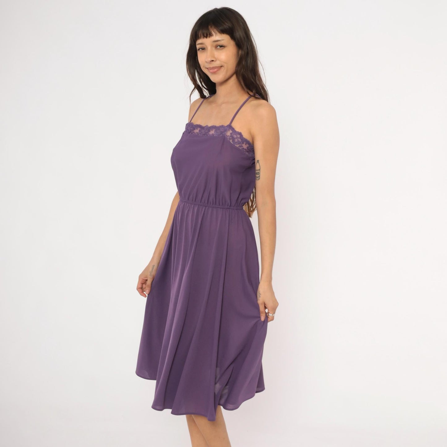 70s Purple Spaghetti Strap Dress Lace Trim Knee Length A-Line Small